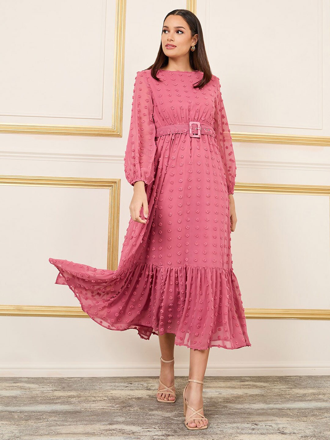 

Styli Rust Self Design Puff Sleeve A-Line Maxi Dress with Belt