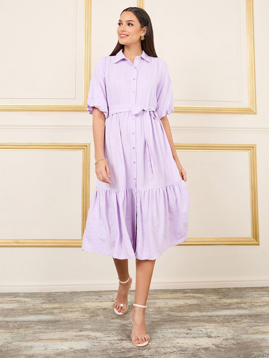 

Styli Puff Sleeve Shirt Midi Dress In Tie Up Belt, Purple