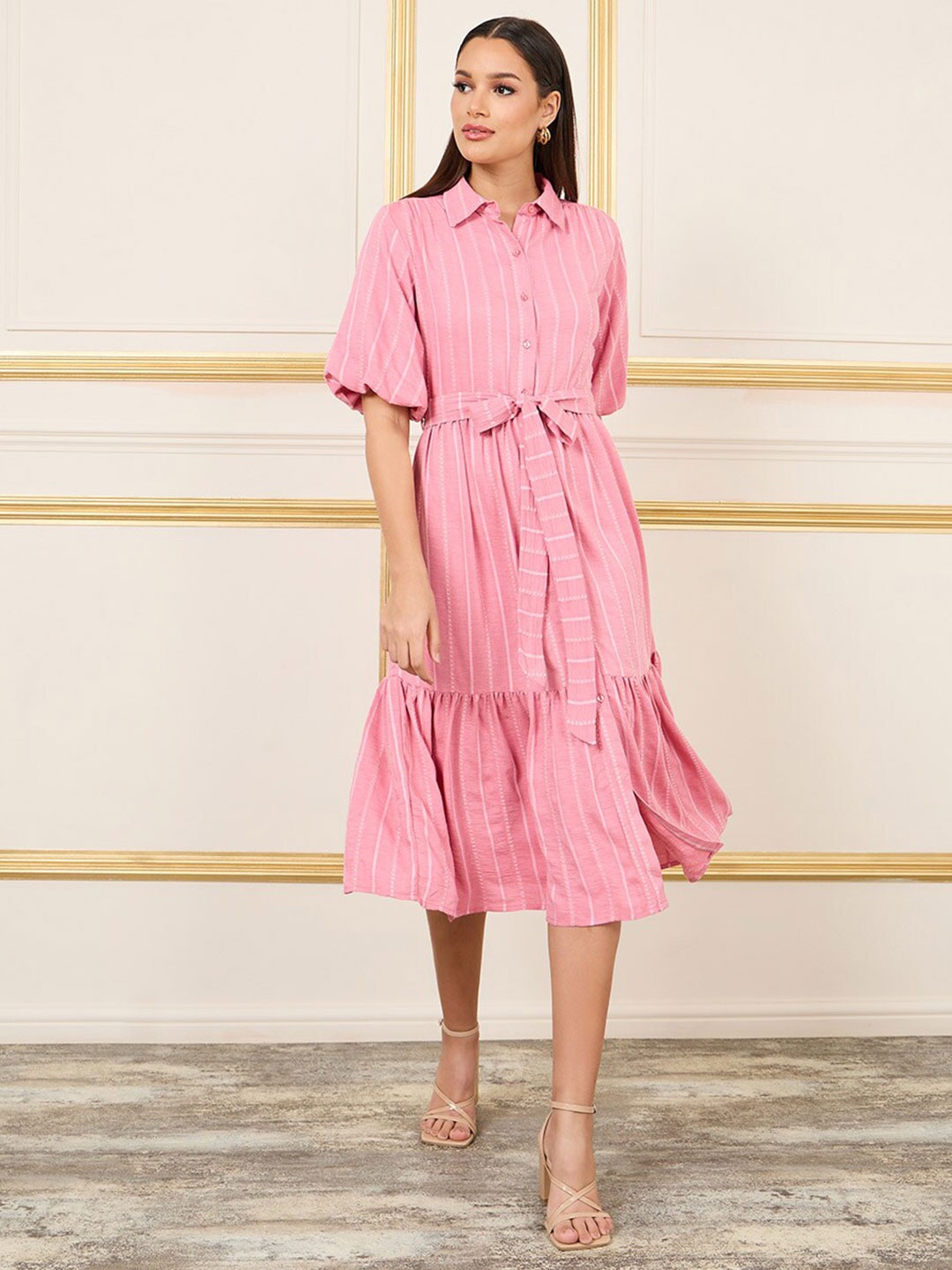 

Styli Puff Sleeve Shirt Midi Dress In Tie Up Belt, Pink
