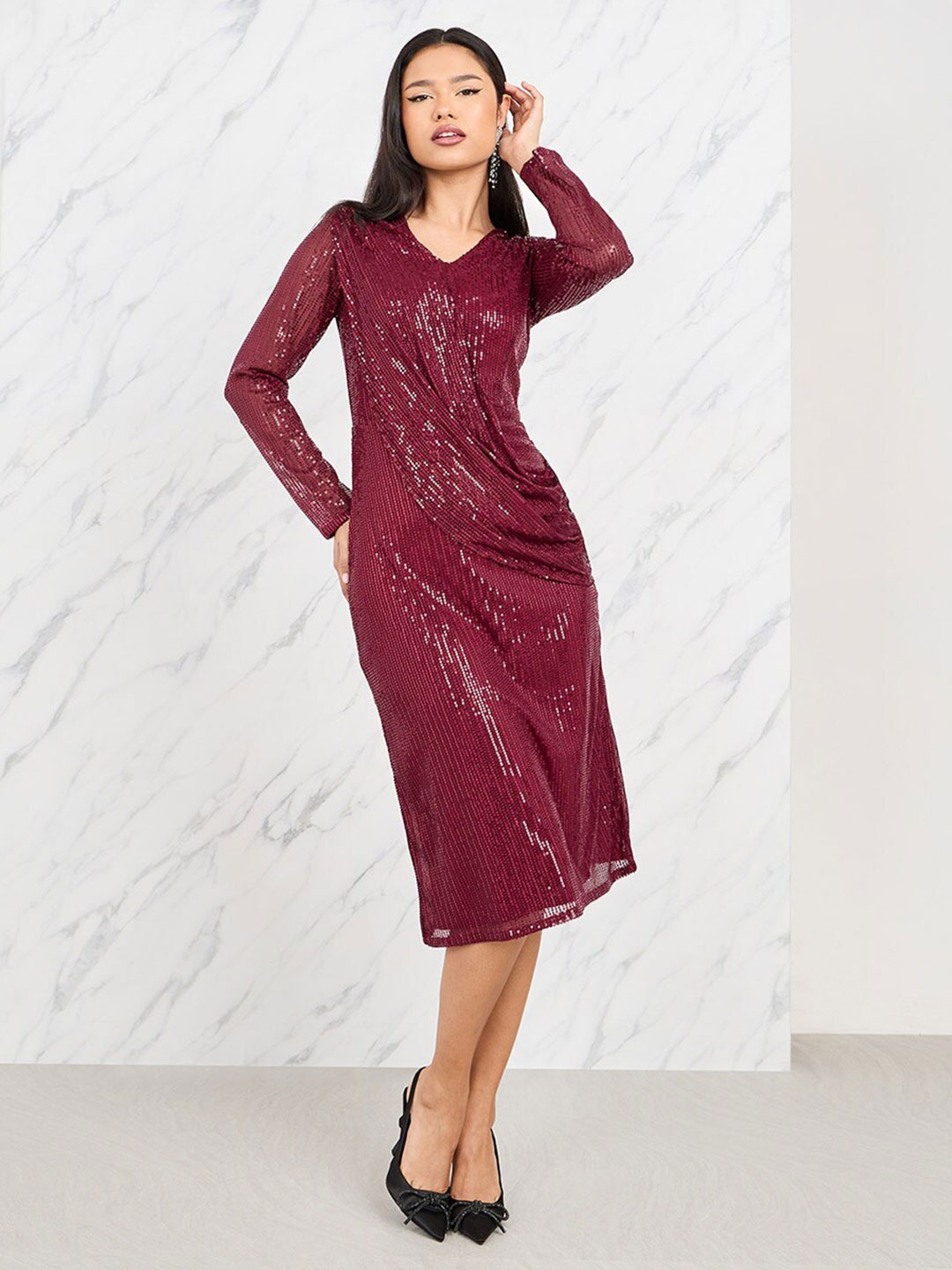 

Styli Burgundy Sequin Embellished Sheath Wrap Midi Dress