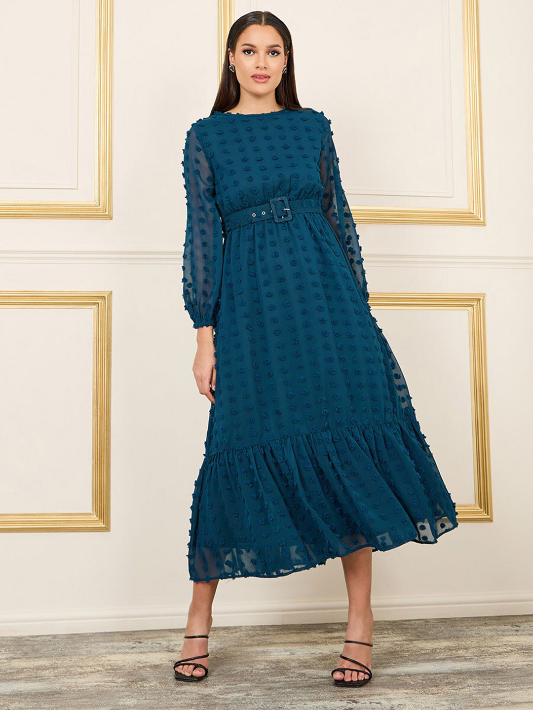 

Styli Teal Self Design Puff Sleeve A-Line Maxi Dress With Belt