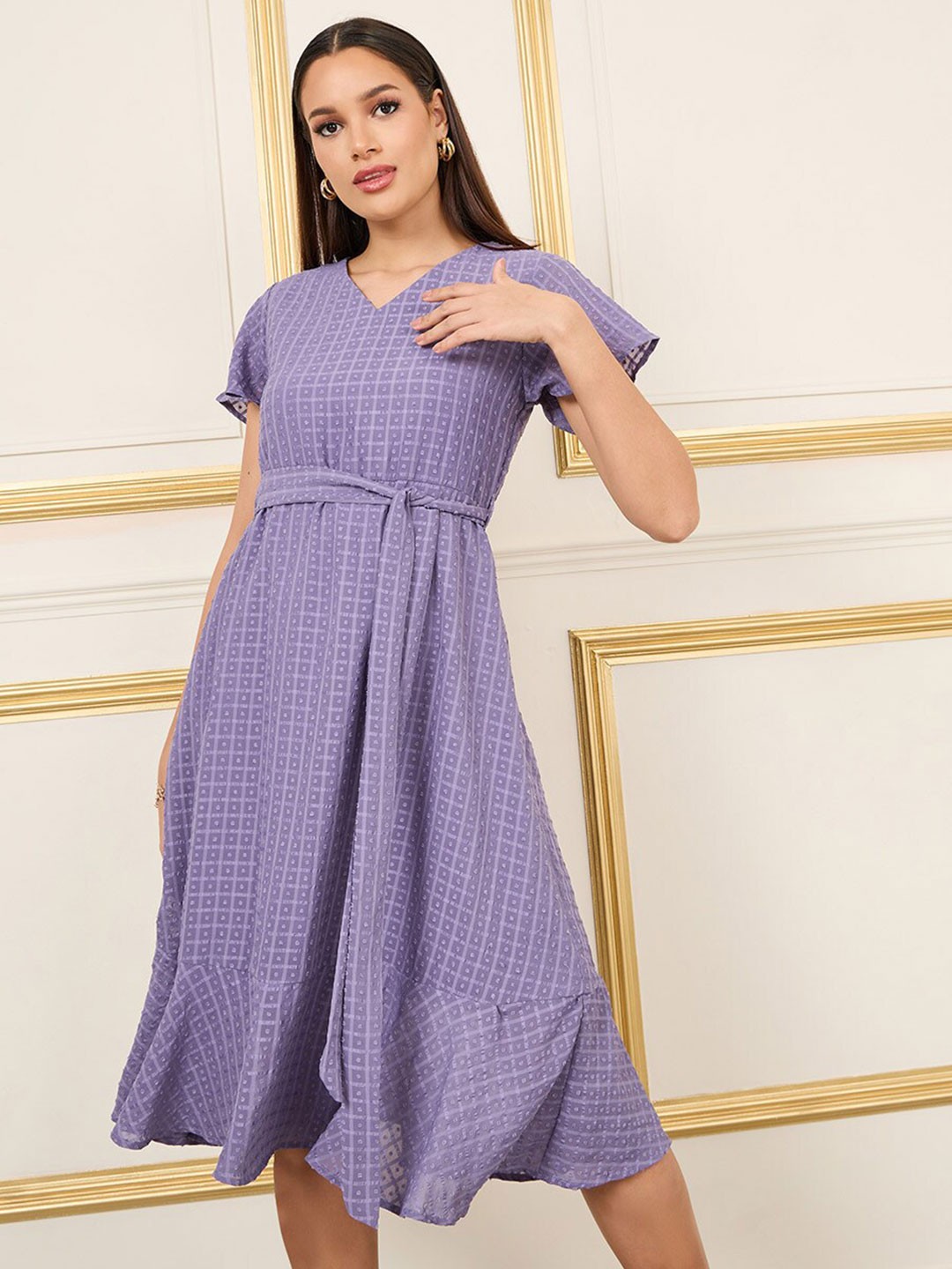 

Styli Purple V-Neck Cap Sleeve A Line Textured Midi Dress