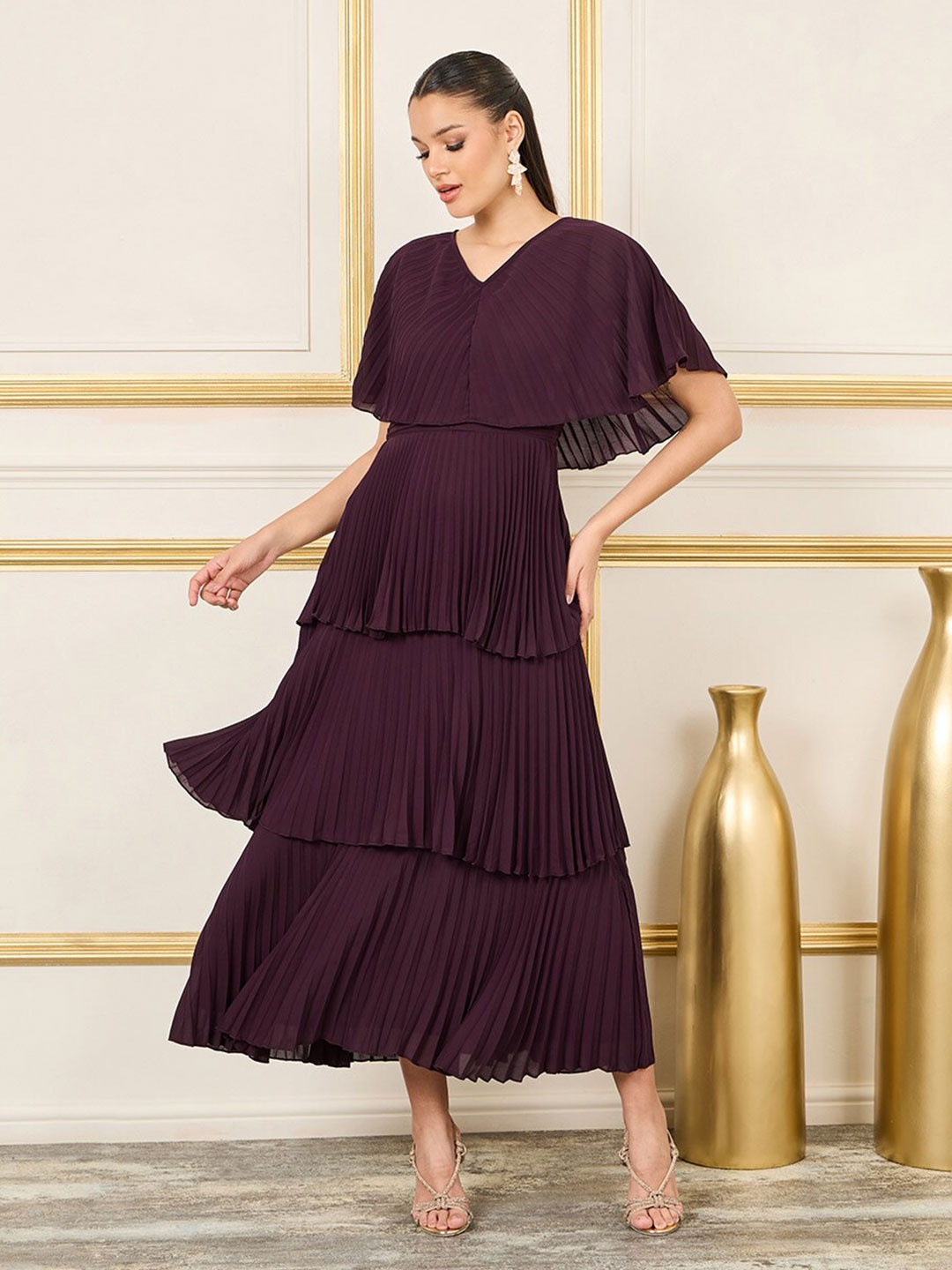 

Styli Purple V-Neck Pleated Cape Sleeves Layered Tiered Maxi Dress