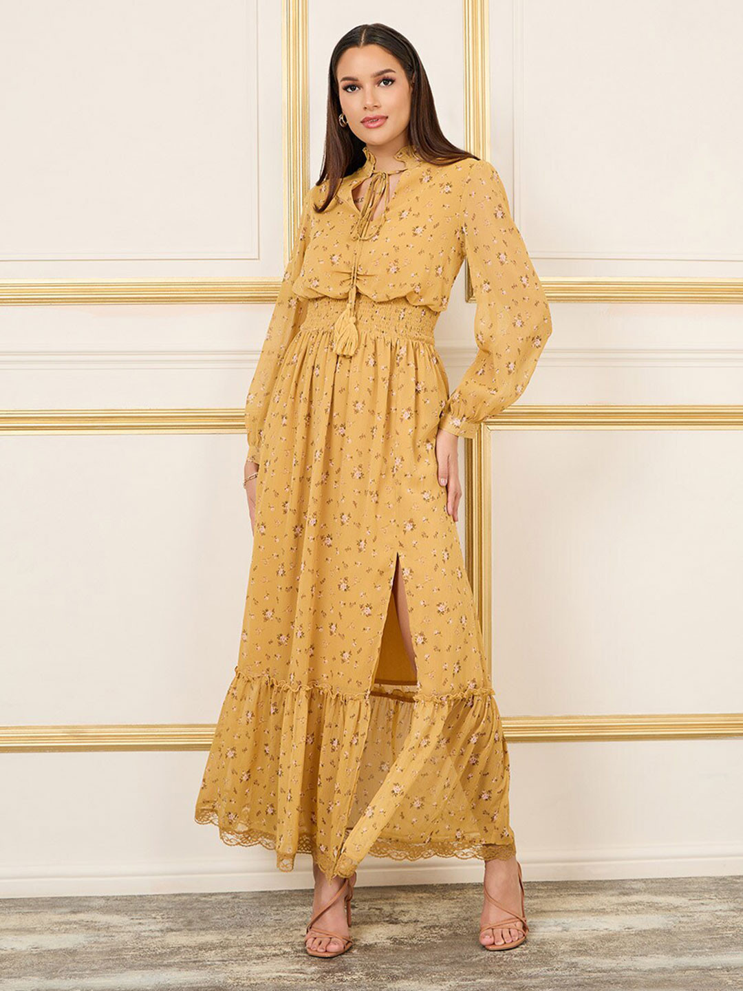 

Styli Floral Printed Tie-Up Neck Puff Sleeve Maxi Dress, Yellow