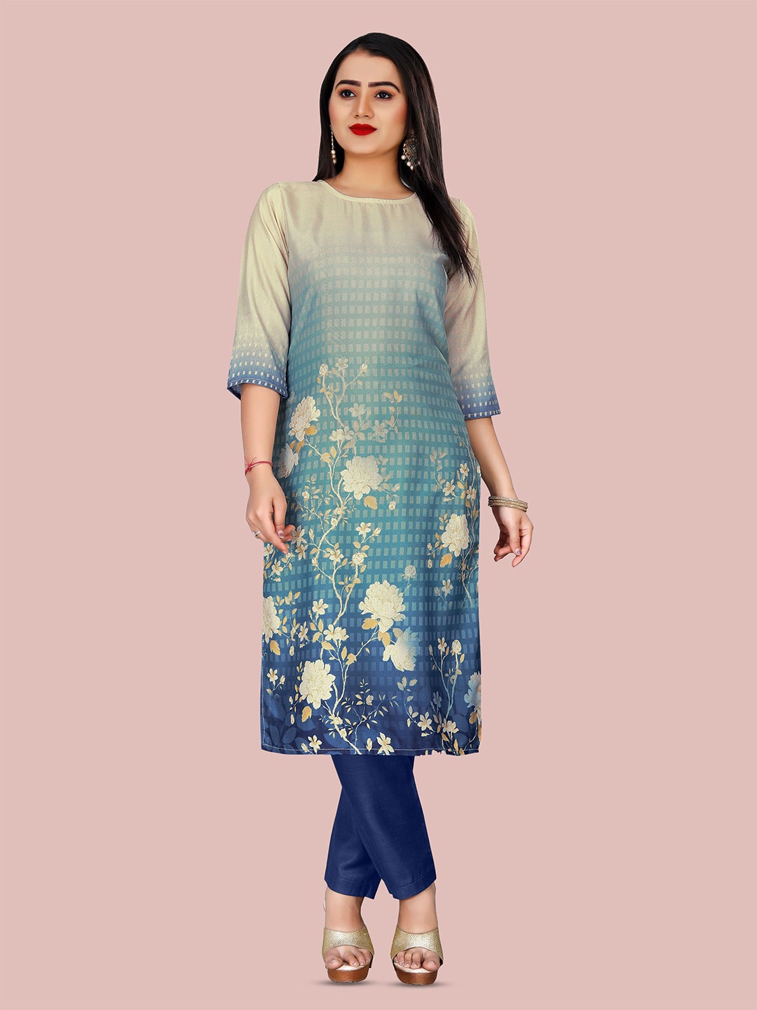

Kiwie Floral Printed Straight Kurti, Blue