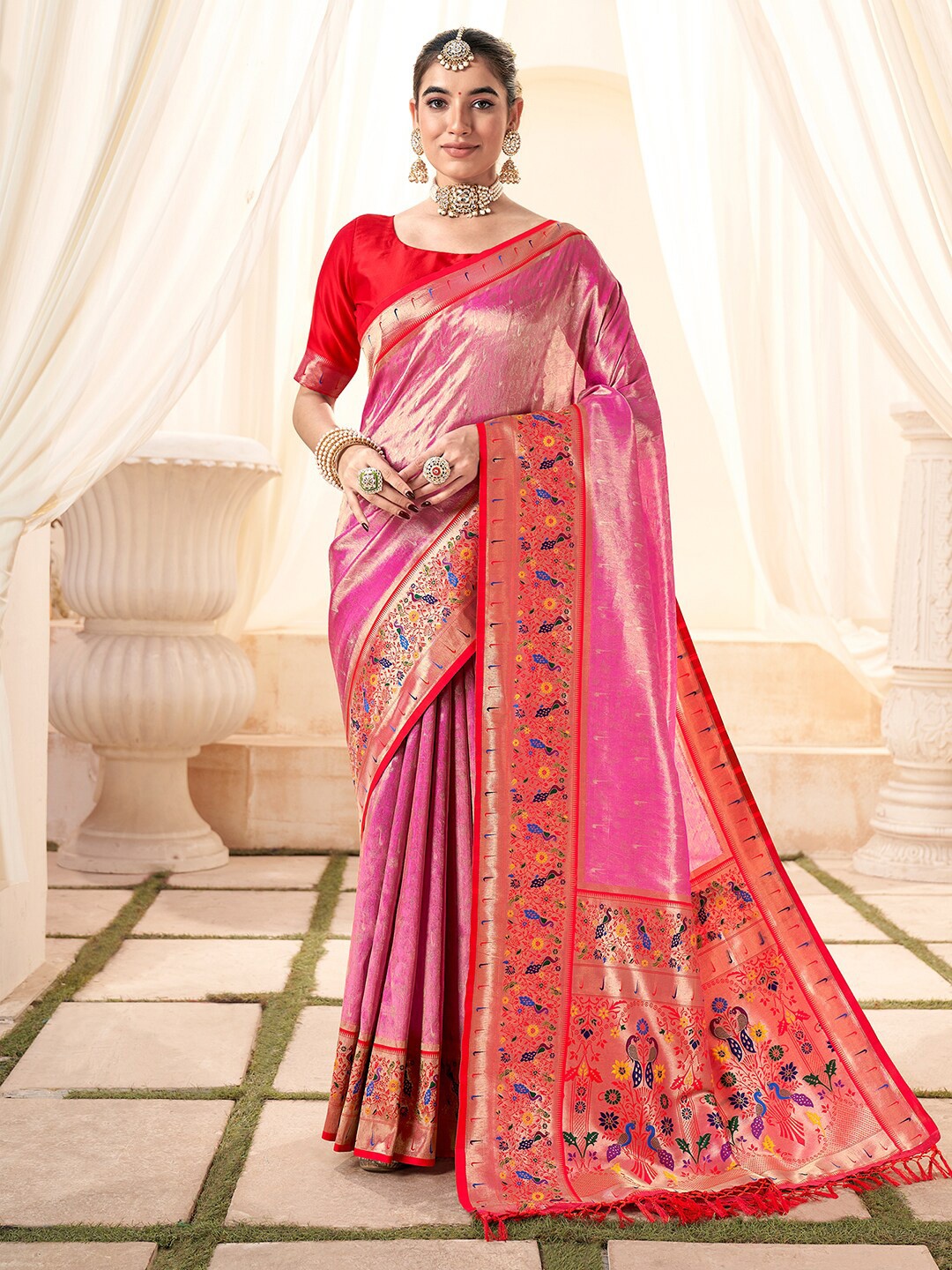 

Satrani Woven Design Zari Tissue Paithani Saree with Tassels, Pink