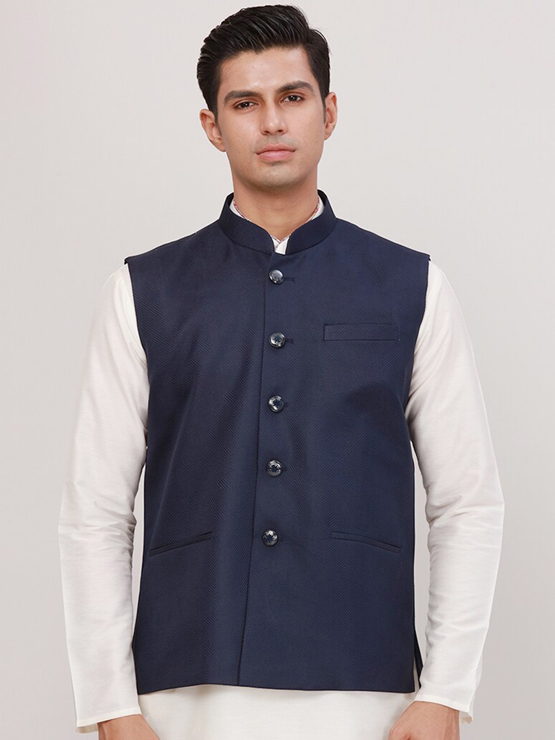 

Ethnix by Raymond Woven Nehru Mandarin Collar Jacket, Blue