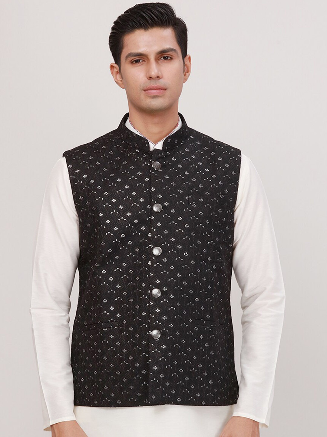 

Ethnix by Raymond Woven Design Embroidered Nehru Jacket, Black