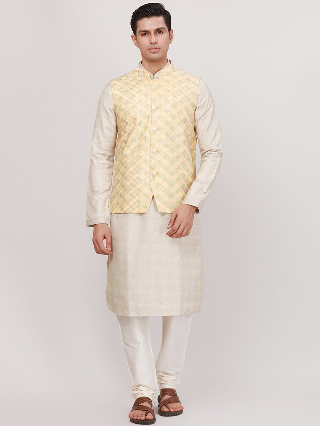 

Ethnix by Raymond Embroidered Woven Nehru Jacket, Yellow