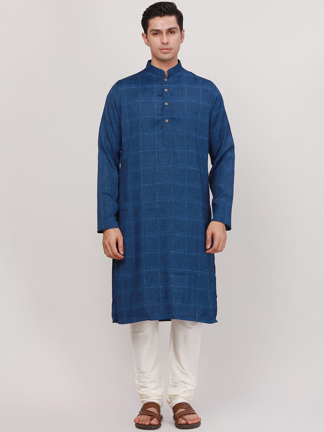 

Ethnix by Raymond Checked Thread Work Straight Kurta, Blue