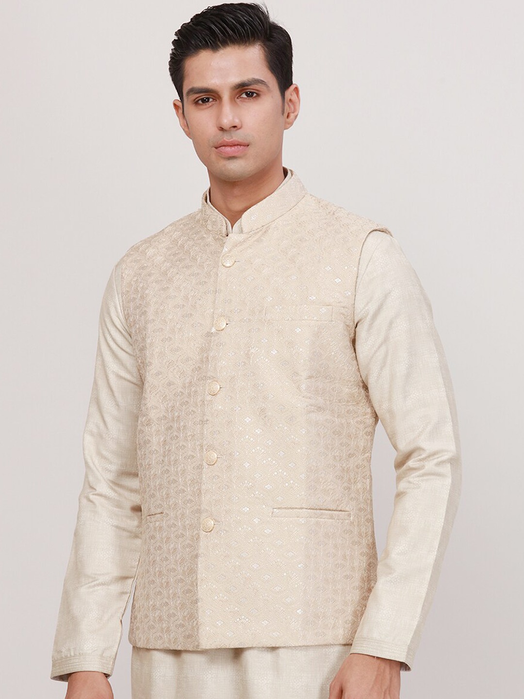 

Ethnix by Raymond Embroidered Woven Nehru Jacket, Gold