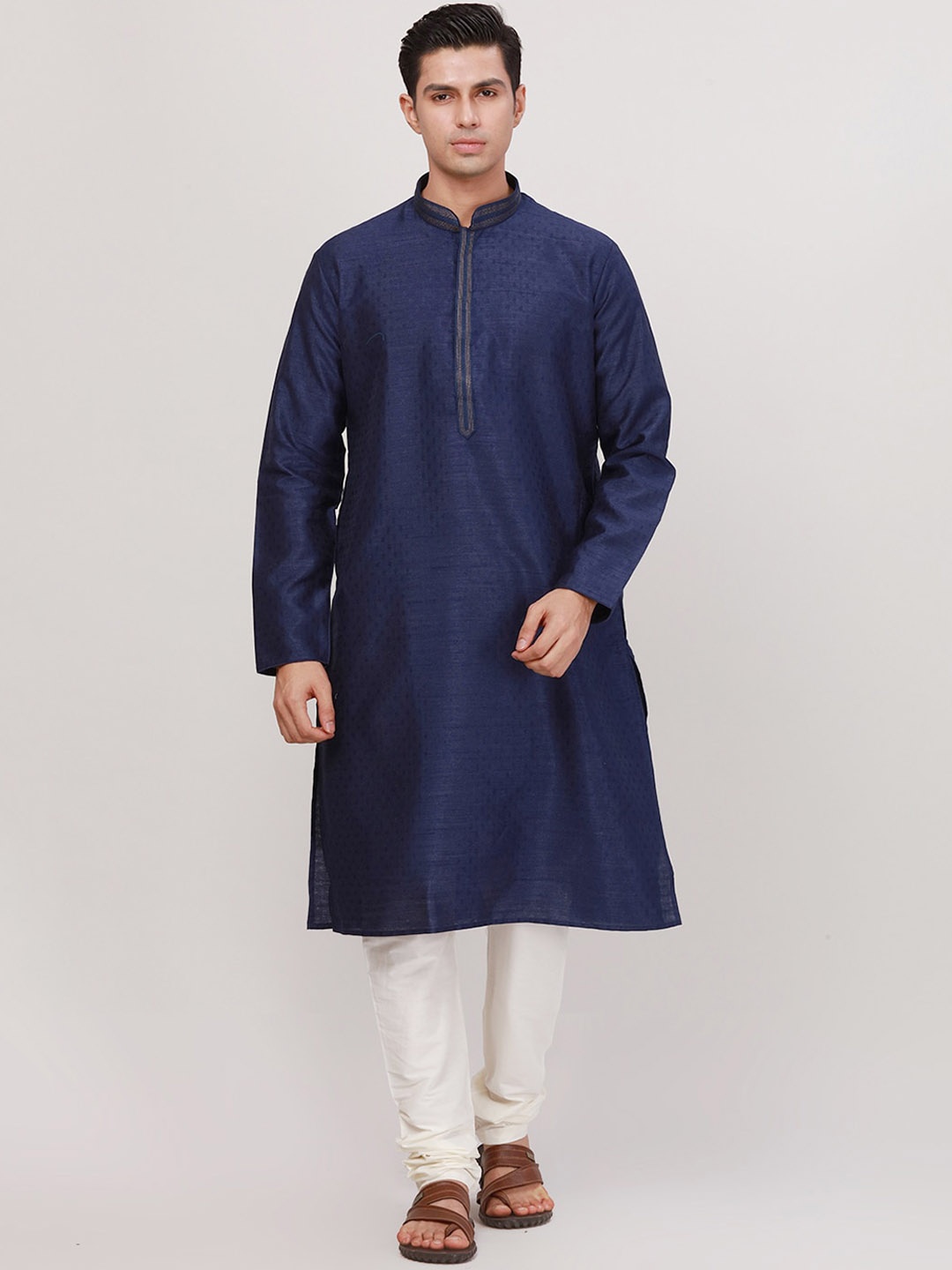 

Ethnix by Raymond Mandarin Collar Woven Design Straight Thread Work Kurta, Blue