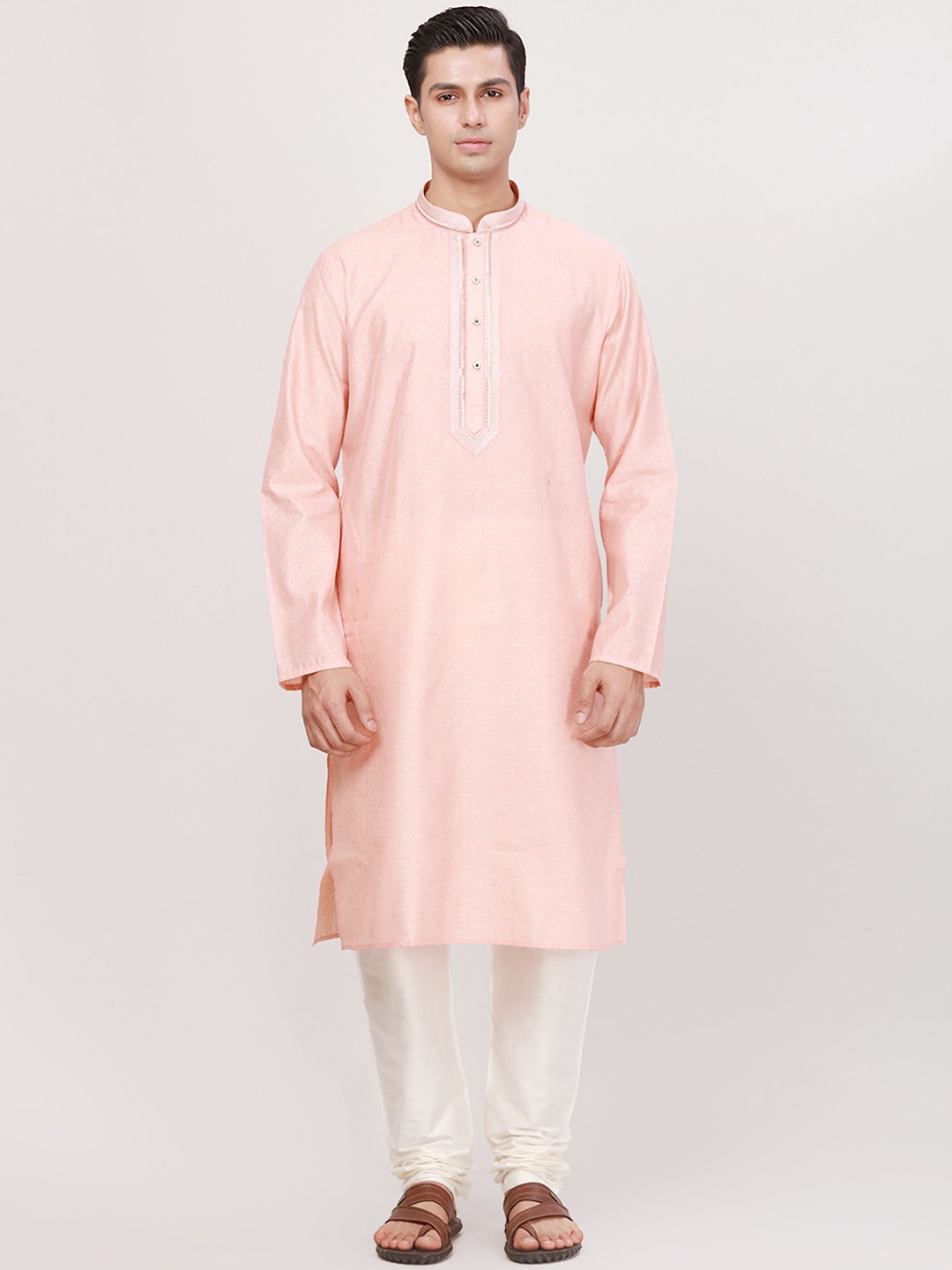 

Ethnix by Raymond Ethnic Motifs Embroidered Mandarin Collar Straight Kurta, Peach