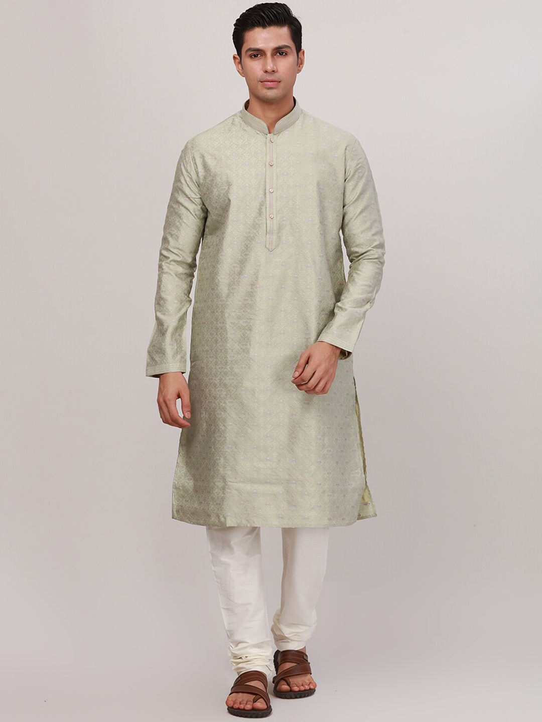 

Ethnix by Raymond Ethnic Motifs Embroidered Mandarin Collar Straight Kurta, Green