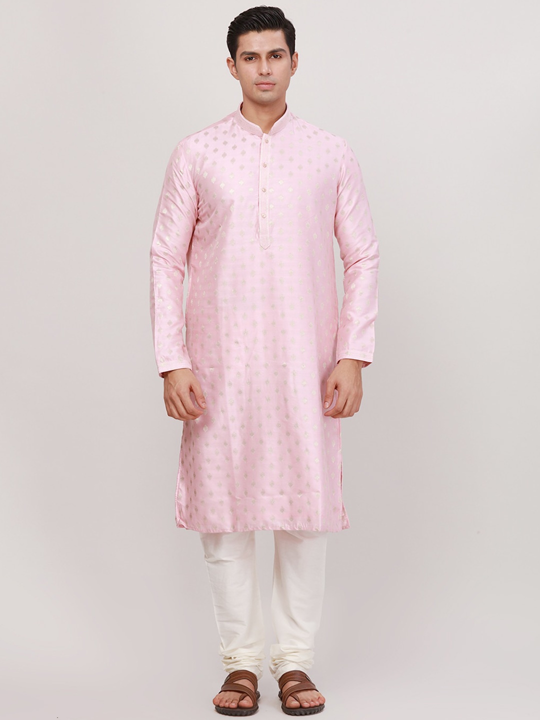 

Ethnix by Raymond Ethnic Motifs Woven Design Mandarin Collar Straight Kurta, Pink