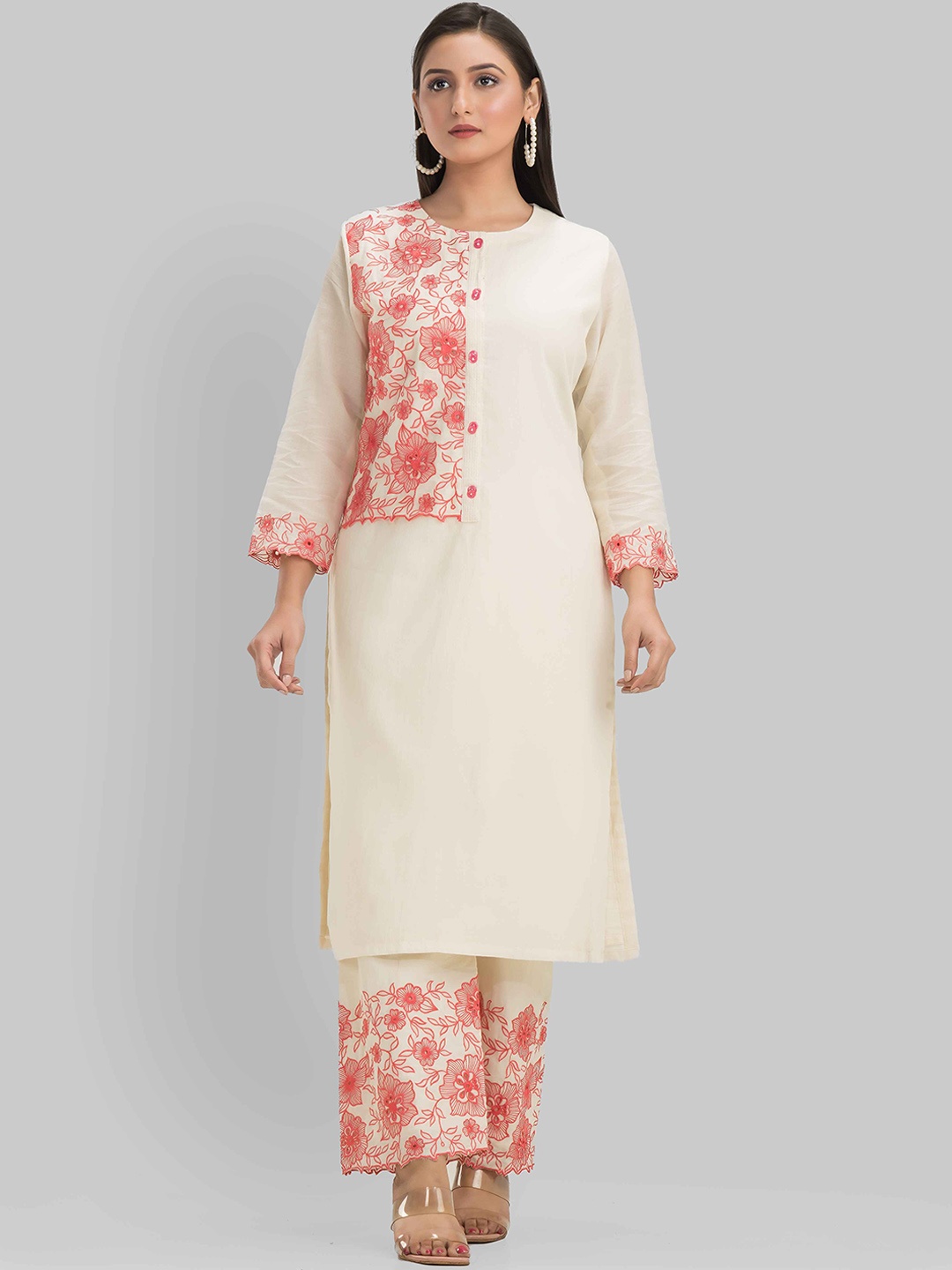 

SACRED SUTA Floral Printed Regular Straight Satin Kurta with Trousers, White