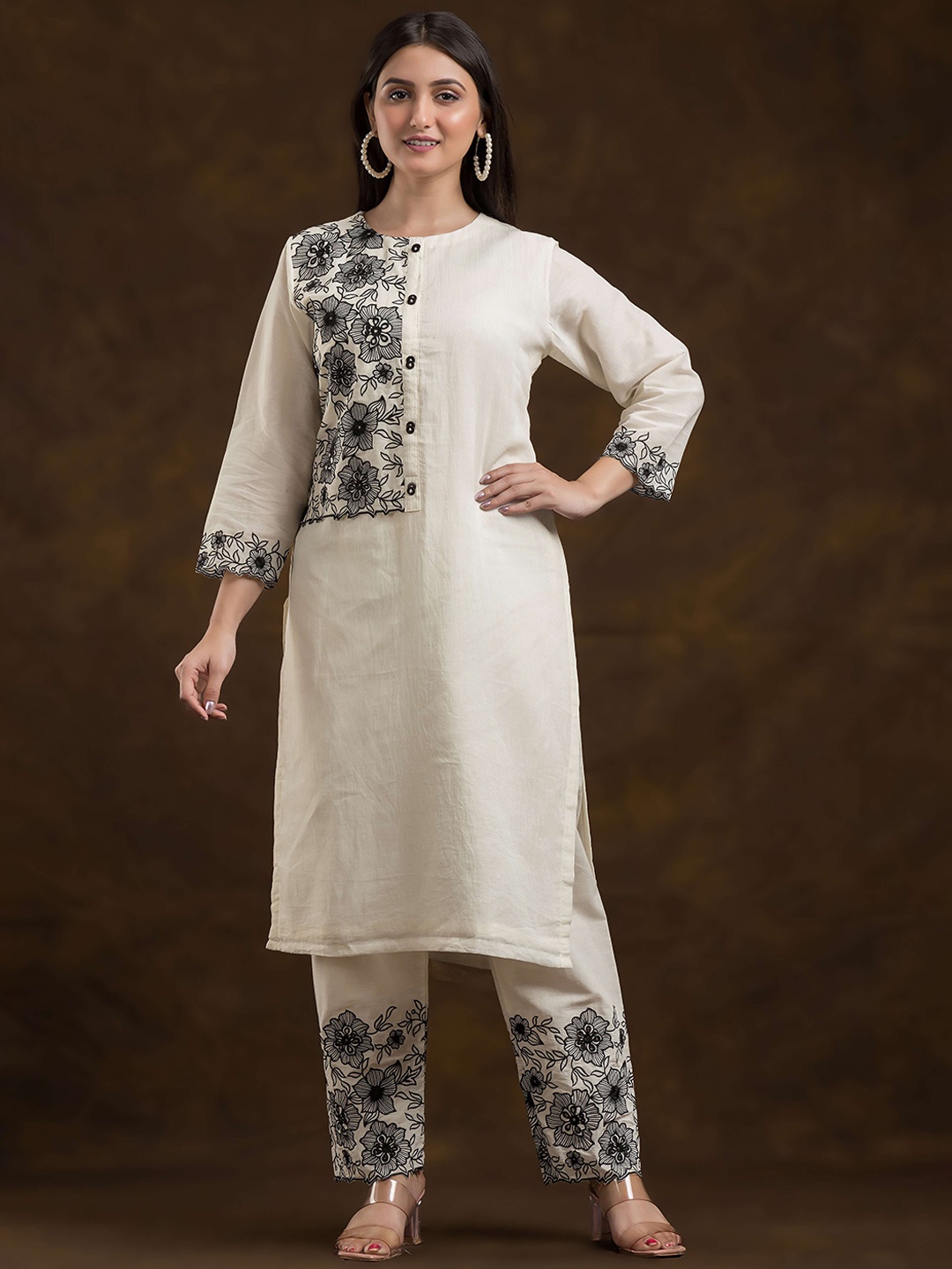 

SACRED SUTA Floral Printed Regular Straight Satin Kurta with Trousers, White