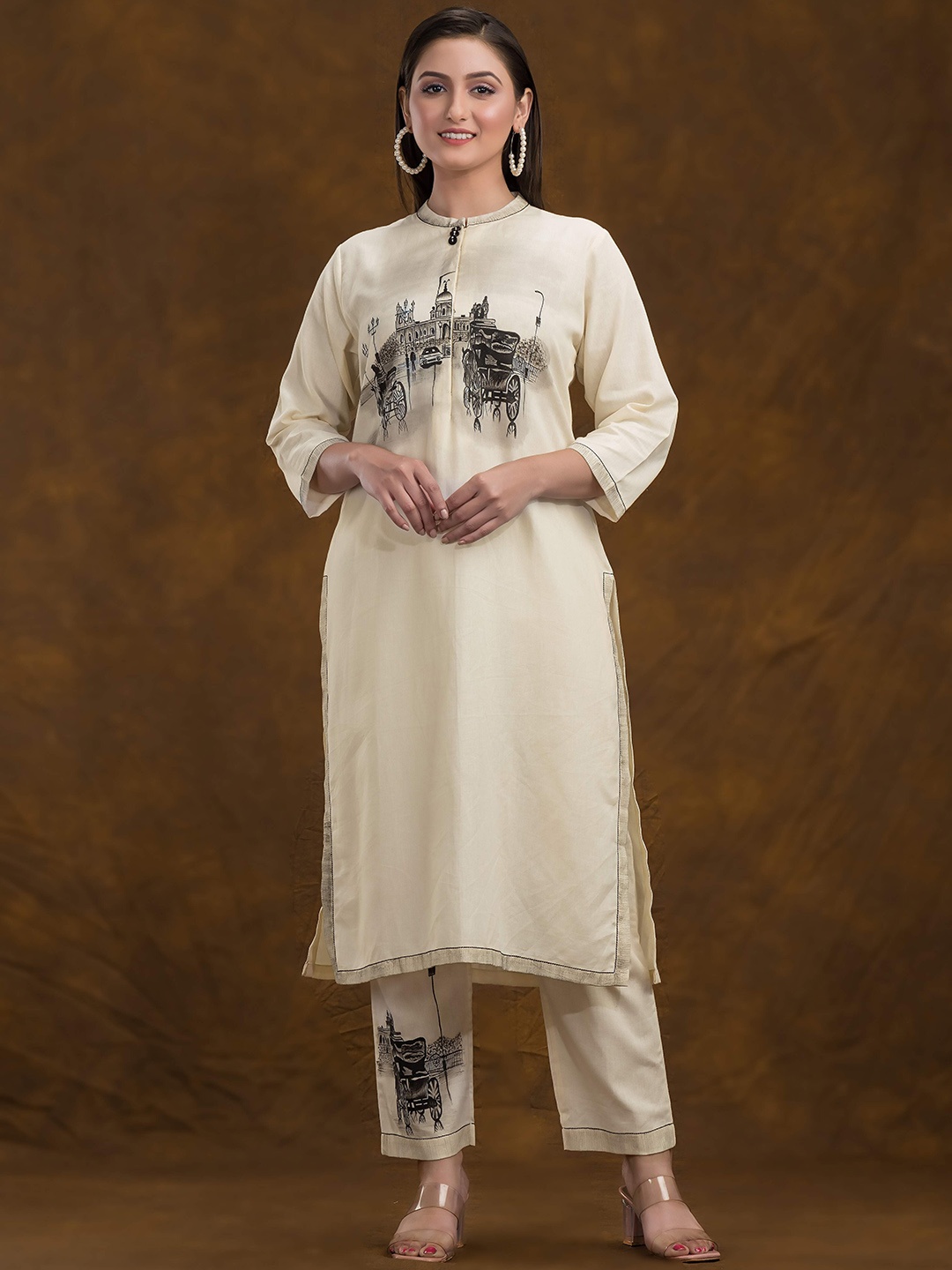 

SACRED SUTA Abstract Printed Band Collar Pure Cotton Straight Kurta With Trouser, White