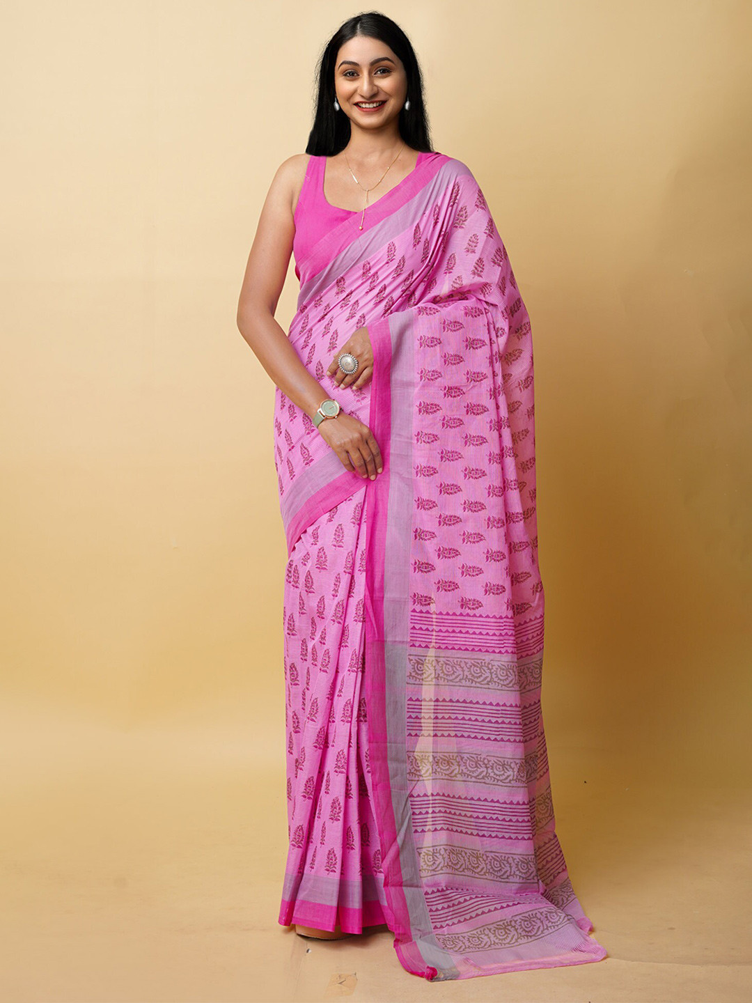 

Unnati Silks Ethnic Motifs Pure Cotton Handloom Mangalagiri Saree, Pink