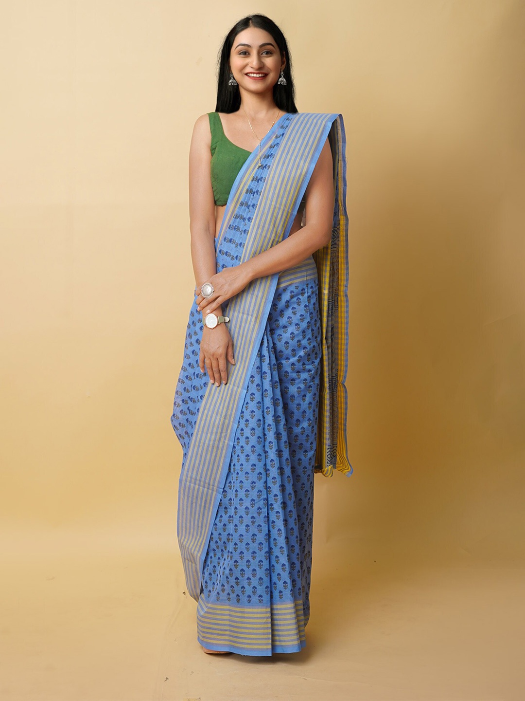 

Unnati Silks Ethnic Motifs Pure Cotton Handloom Mangalagiri Saree, Blue