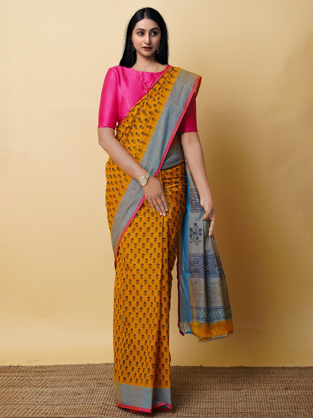 

Unnati Silks Ethnic Motifs Pure Cotton Handloom Mangalagiri Saree, Yellow