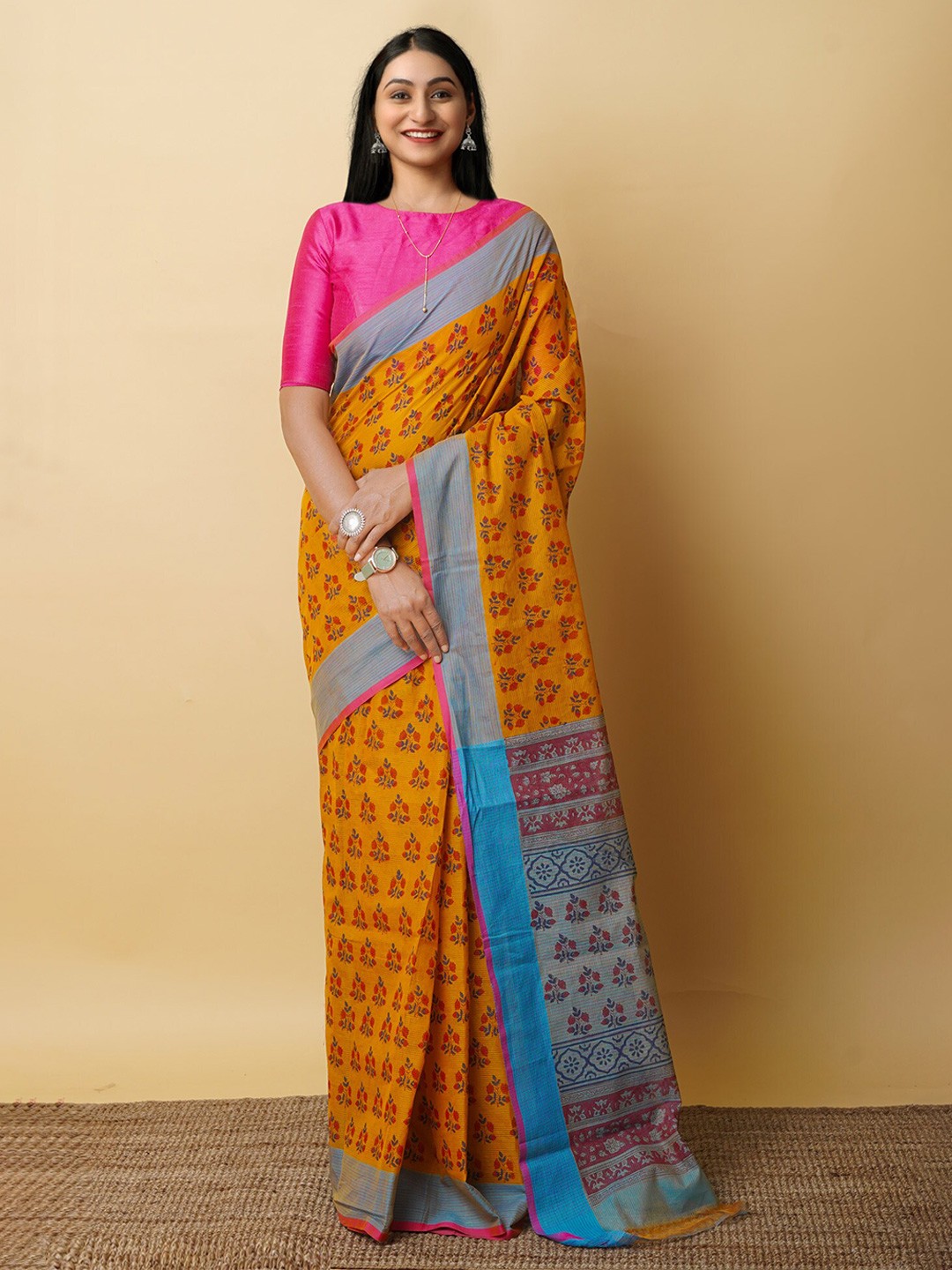 

Unnati Silks Ethnic Motifs Pure Cotton Handloom Mangalagiri Saree, Yellow
