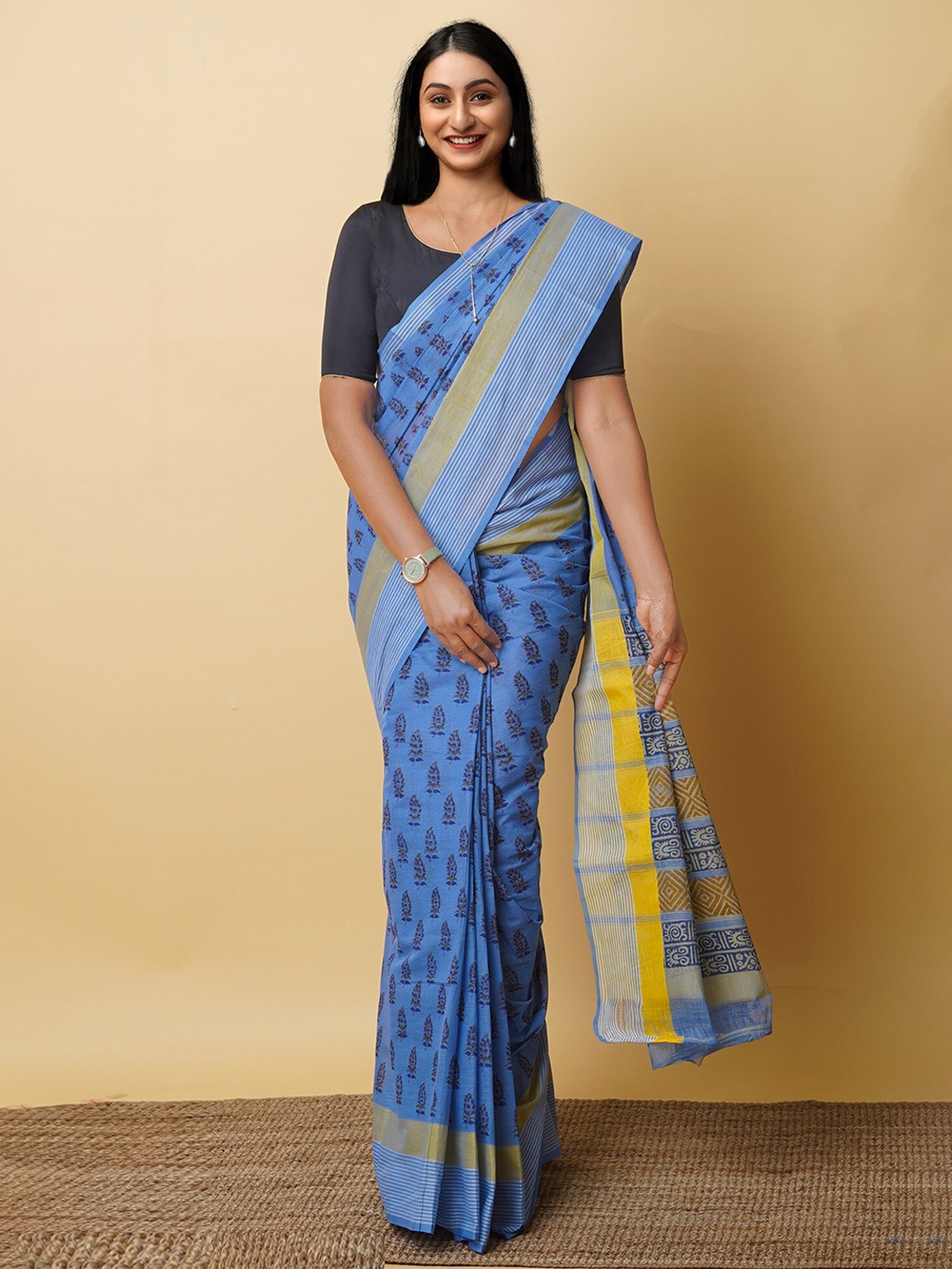 

Unnati Silks Ethnic Motifs Pure Cotton Handloom Mangalagiri Saree, Blue