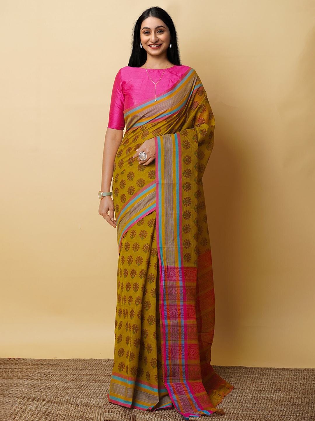 

Unnati Silks Ethnic Motifs Pure Cotton Handloom Mangalagiri Saree, Green