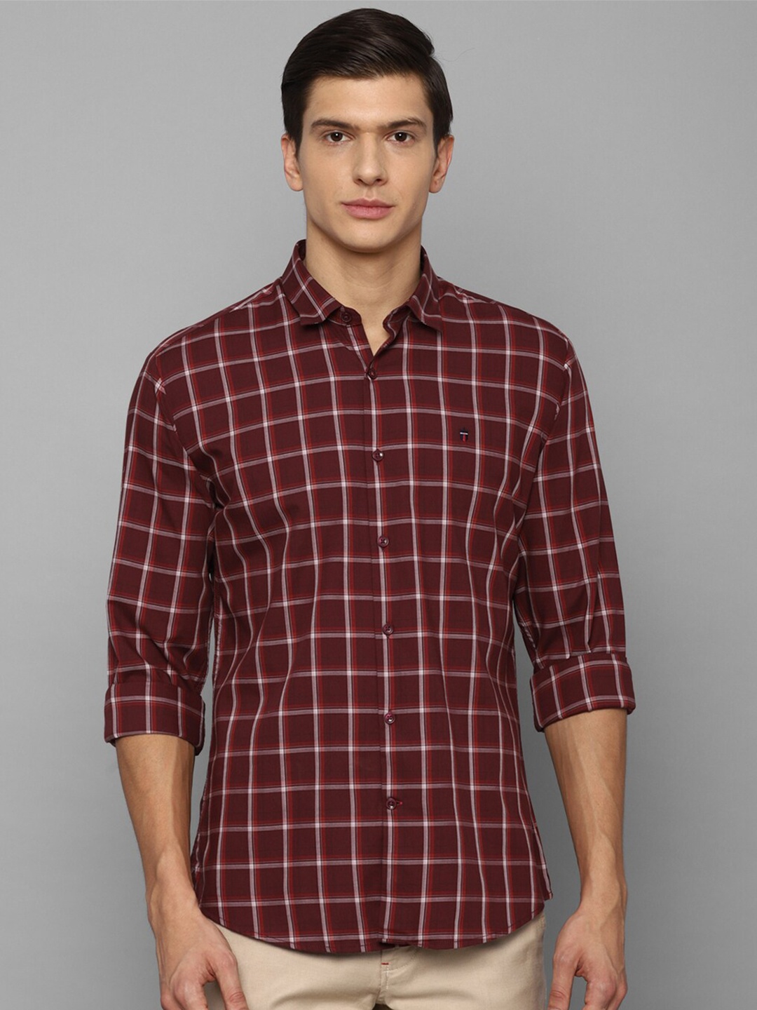 

Louis Philippe Sport Slim Fit Windowpane Checked Pure Cotton Casual Shirt, Maroon