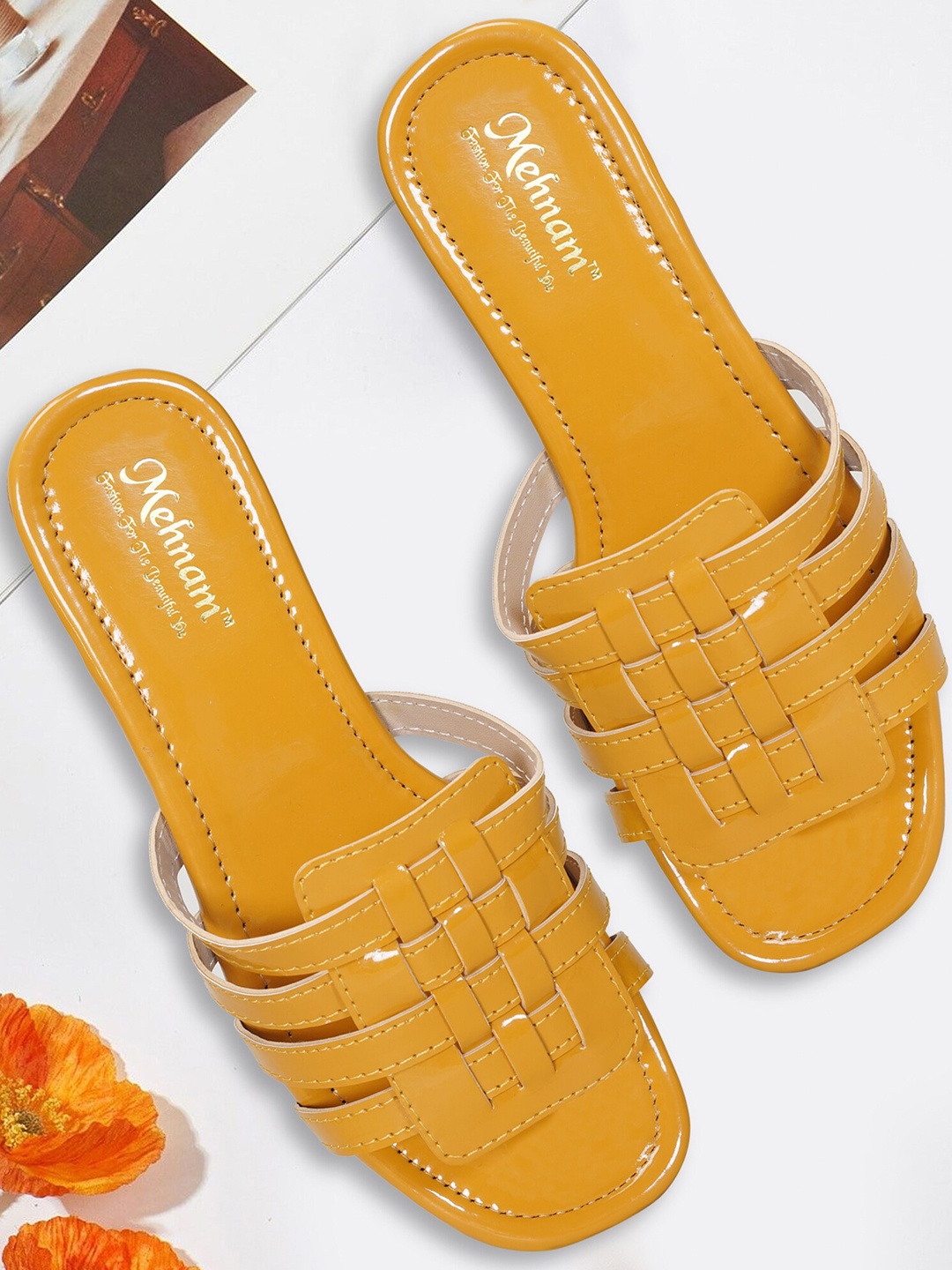 

MEHNAM Textured Open Toe Flats, Yellow