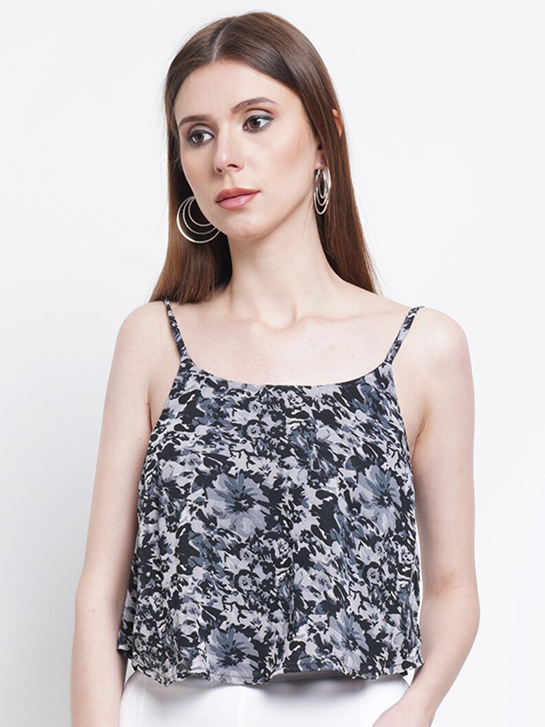 

Purple State Shoulder Straps Floral Print Top, Black