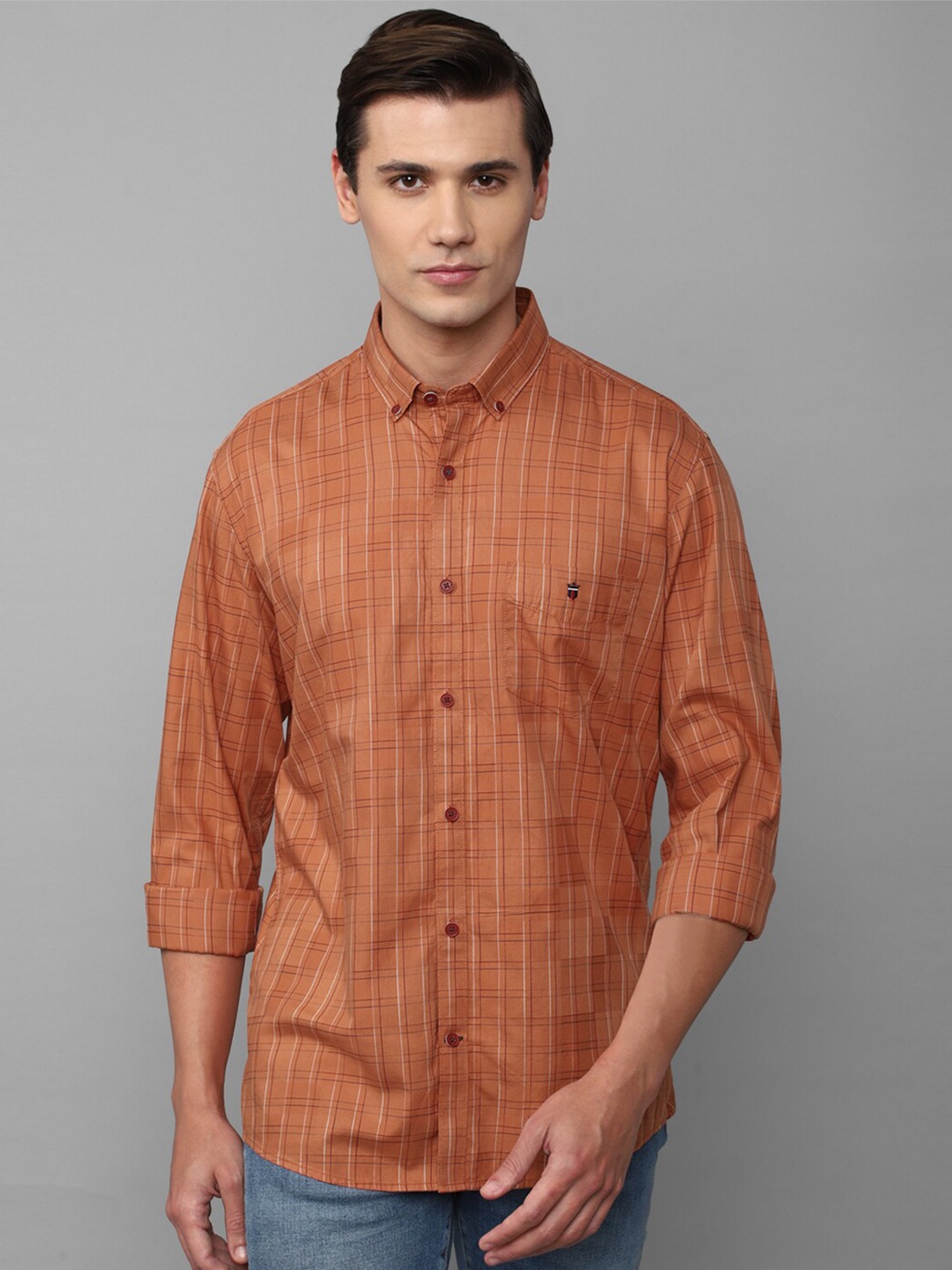 

Louis Philippe Sport Slim Fit Grid Tattersall Checked Pure Cotton Casual Shirt, Brown