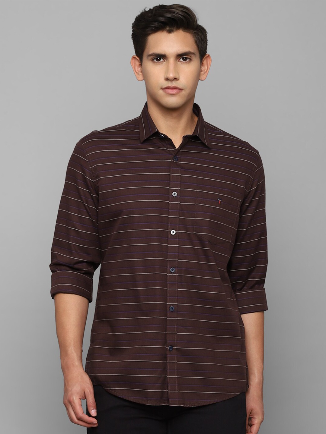

Louis Philippe Sport Slim Fit Horizontal Stripes Pure Cotton Casual Shirt, Brown