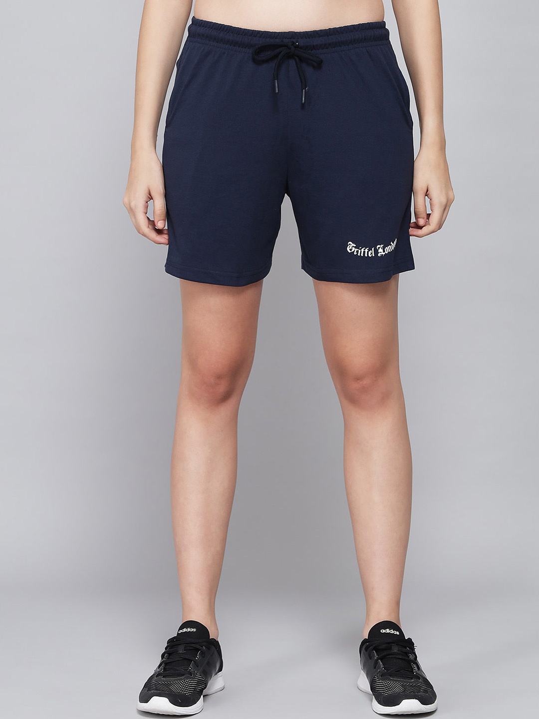 GRIFFEL Women Loose Fit Cotton Sports Shorts, Navy blue