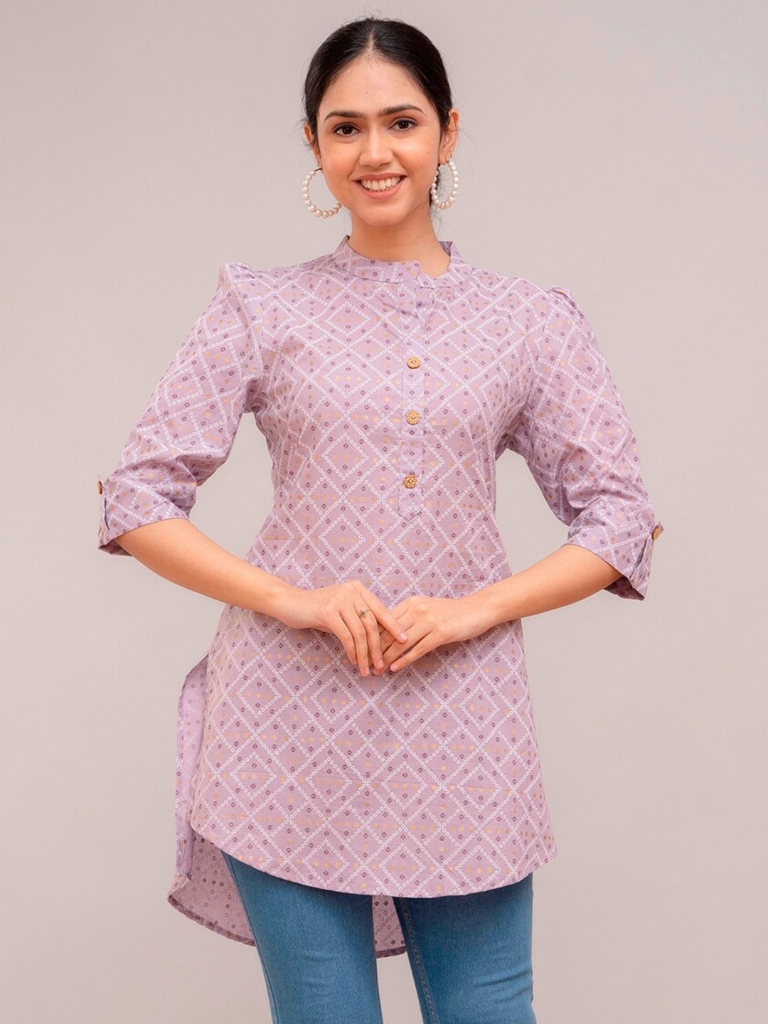 

Prakhya Floral Printed Mandarin Collar Puffed Sleeves Pure Cotton Kurti, Purple