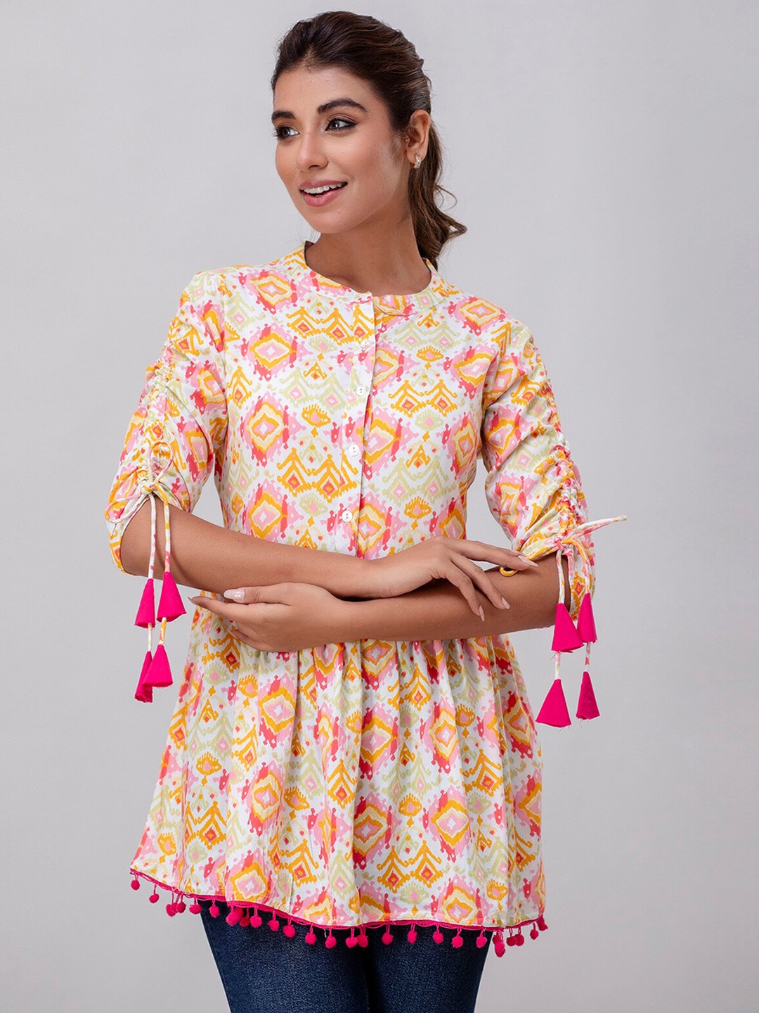 

Prakhya Ethnic Motifs Printed Mandarin Collar Pleated A-Line Kurti, Yellow