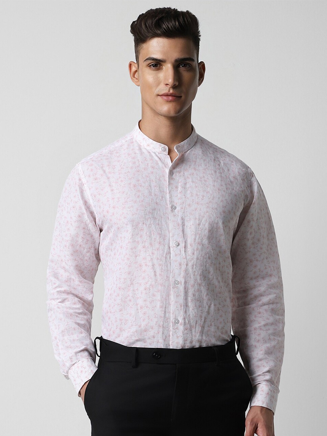 

Van Heusen Floral Printed Mandarin Collar Linen Cotton Formal Shirt, White