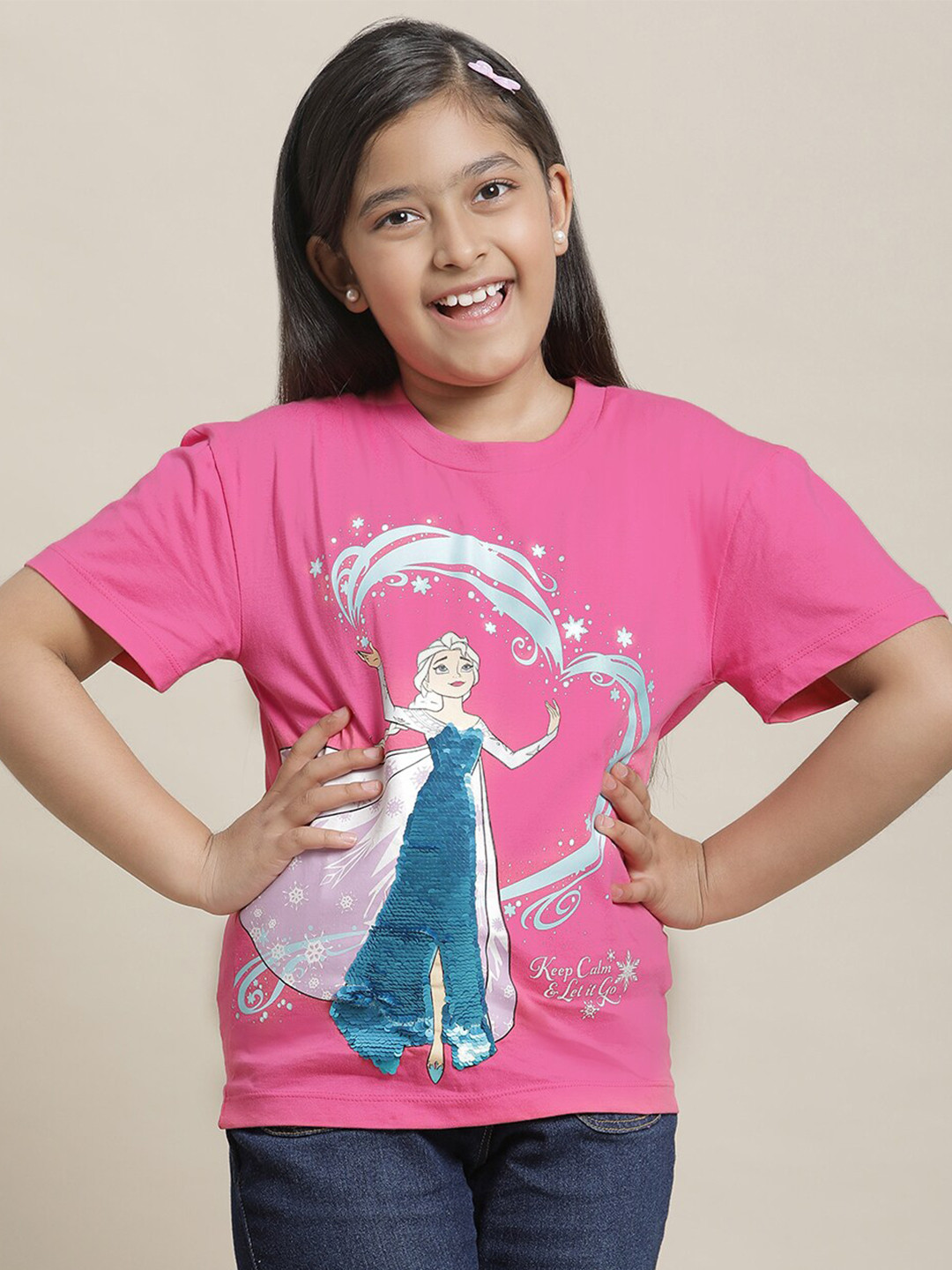 

Kids Ville Girls Frozen Cartoon Characters Printed Pure Cotton T-Shirt, Pink