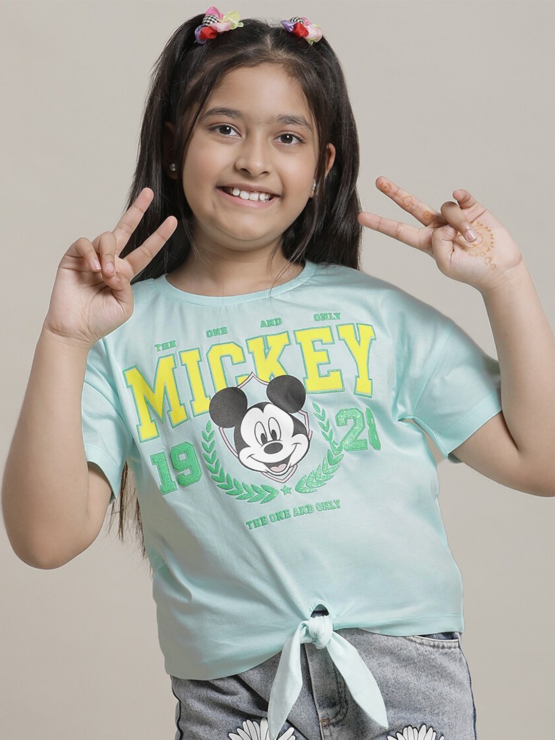 

Kids Ville Girls Mickey & Friends Cartoon Character Printed Pure Cotton T-Shirt, Green