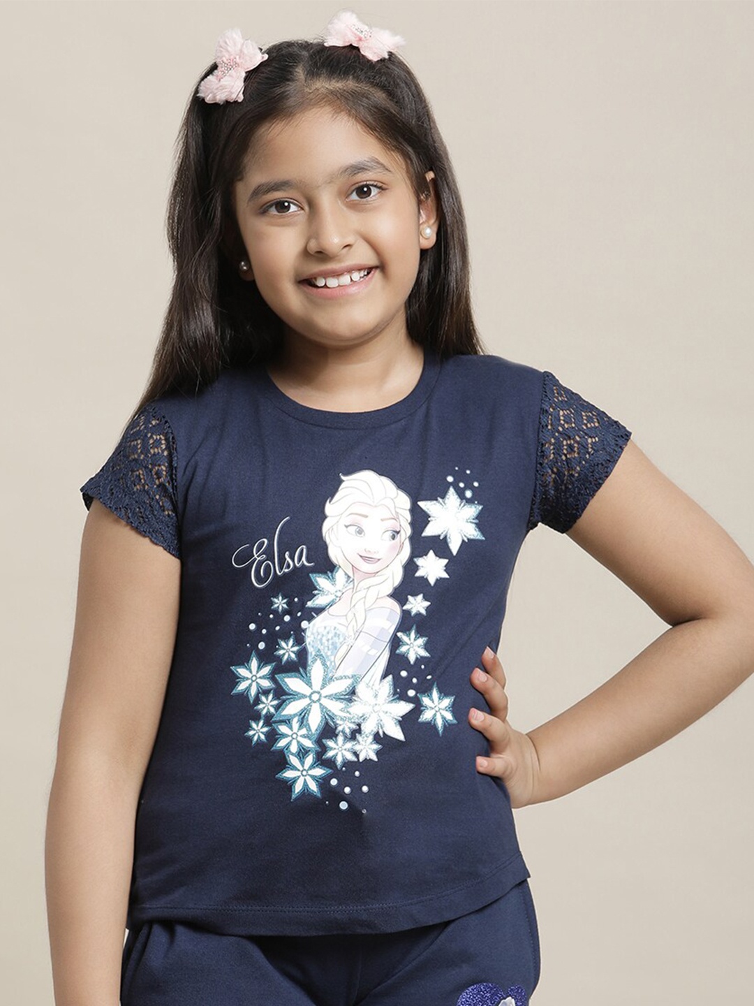 

Kids Ville Girls Elsa Printed Pure Cotton T-Shirt, Navy blue
