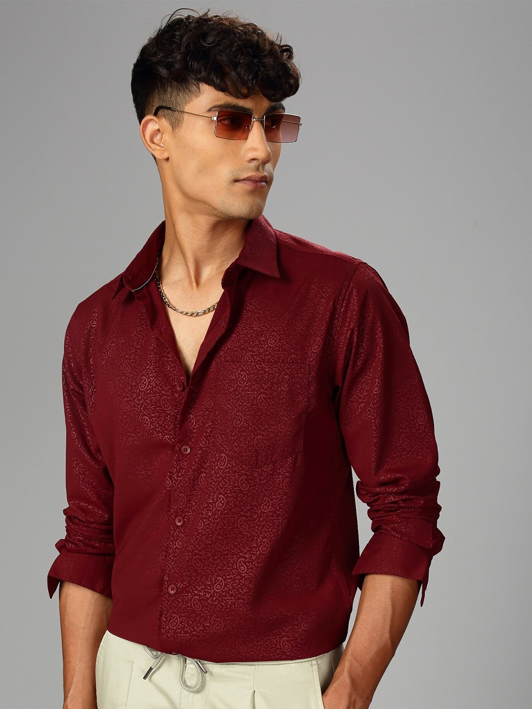 

British Club Classic Slim Fit Ethnic Motifs Printed Satin Casual Shirt, Maroon