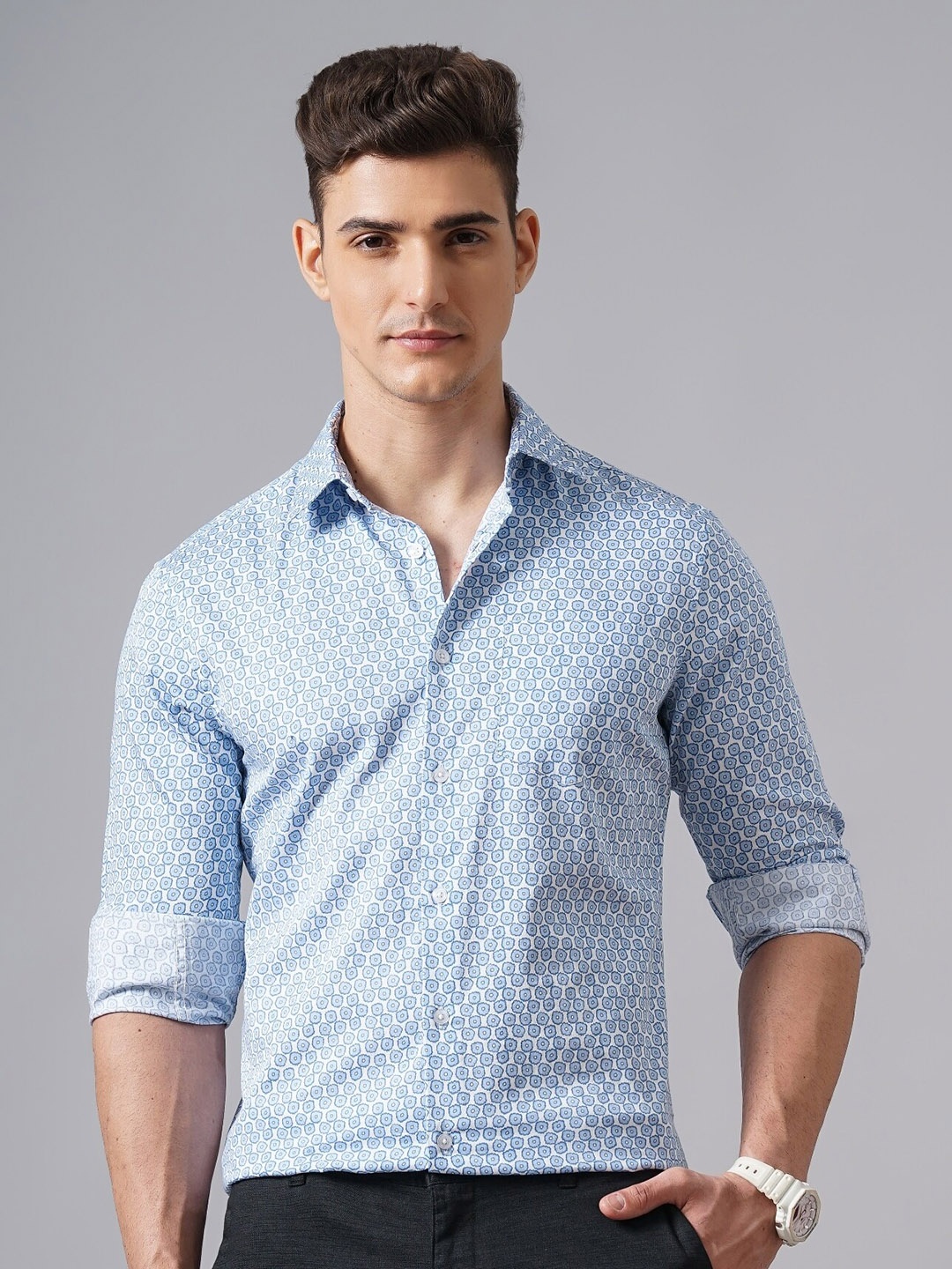 

British Club Classic Slim Fit Floral Printed Cotton Casual Shirt, Blue