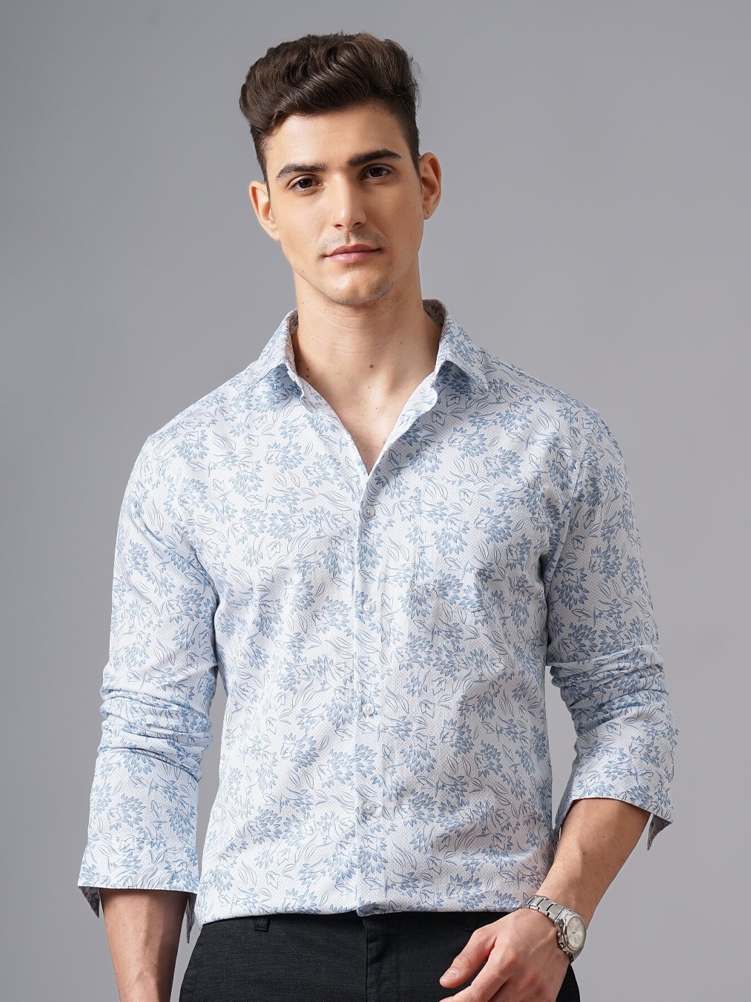 

British Club Slim Fit Floral Printed Spread Collar Long Sleeves Cotton Casual Shirt, White