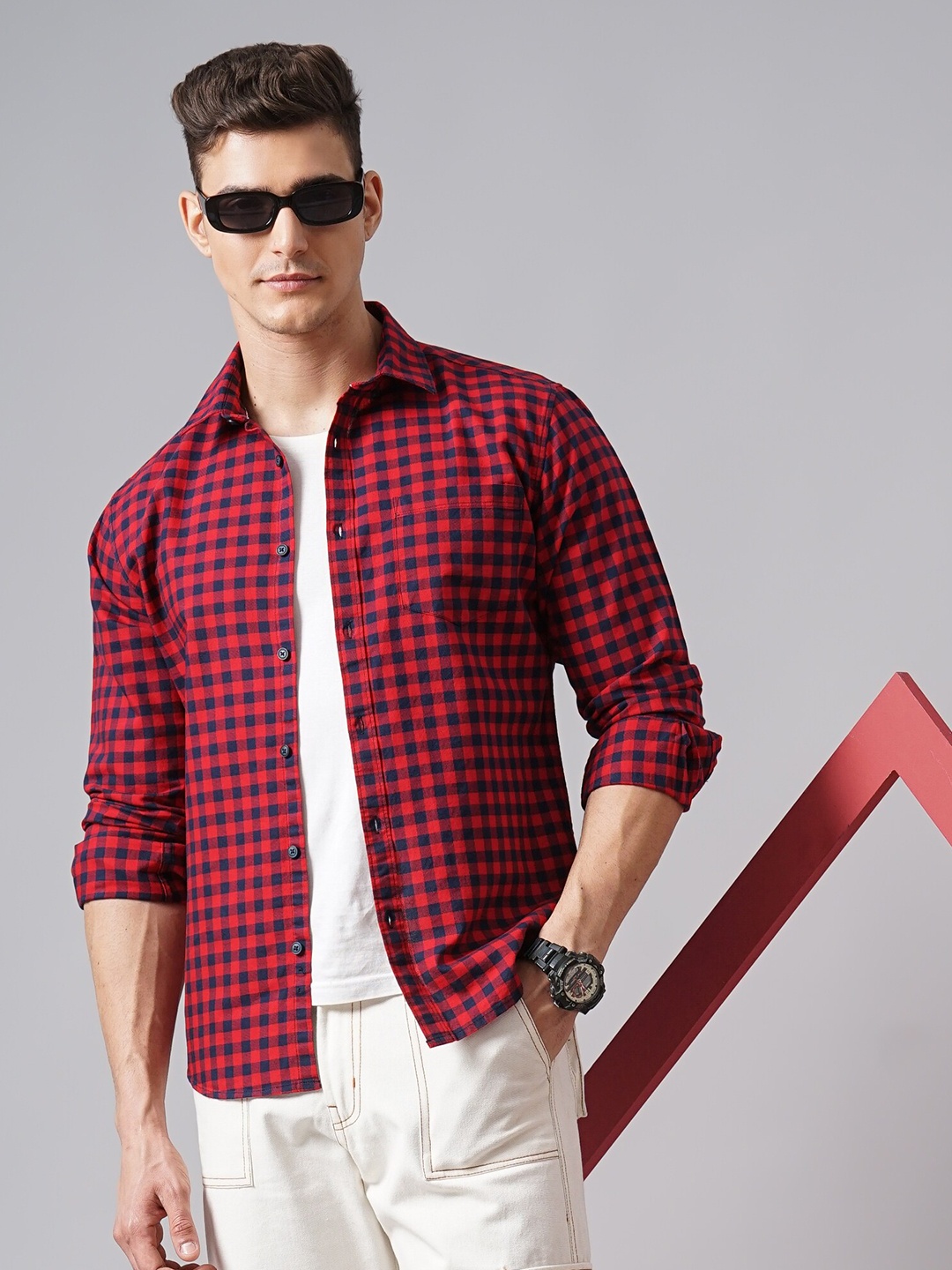 

British Club Slim Fit Gingham Checked Spread Collar Long Sleeves Cotton Casual Shirt, Red