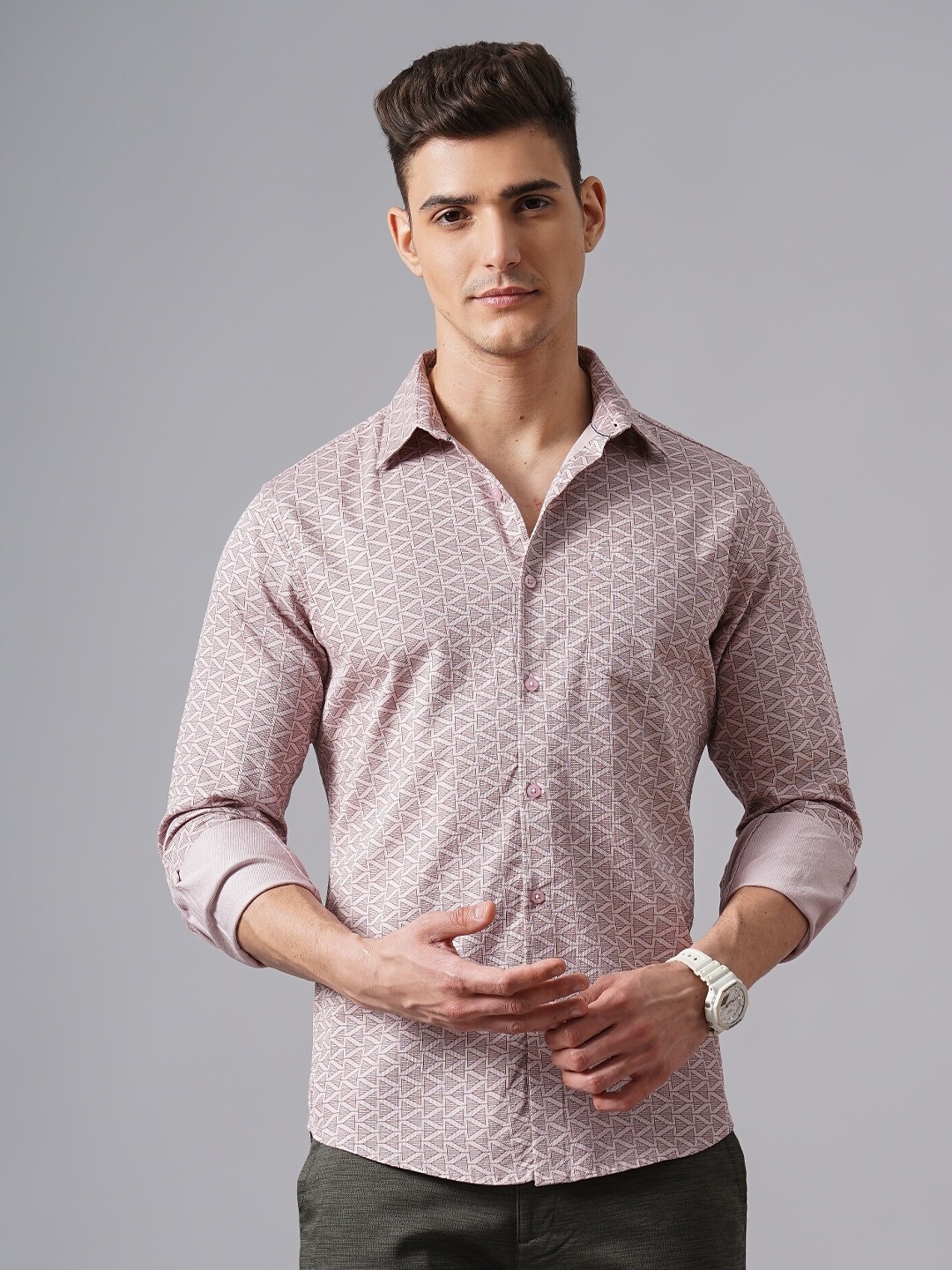 

British Club Classic Slim Fit Printed Spread Collar Long Sleeves Cotton Casual Shirt, Peach