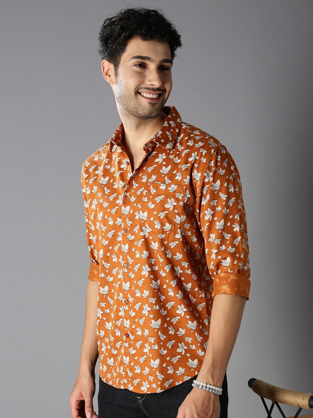 

British Club Slim Fit Floral Printed Spread Collar Long Sleeves Cotton Casual Shirt, Orange