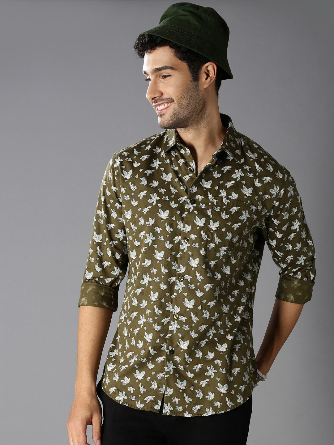 

British Club Classic Slim Fit Floral Printed Cotton Casual Shirt, Olive