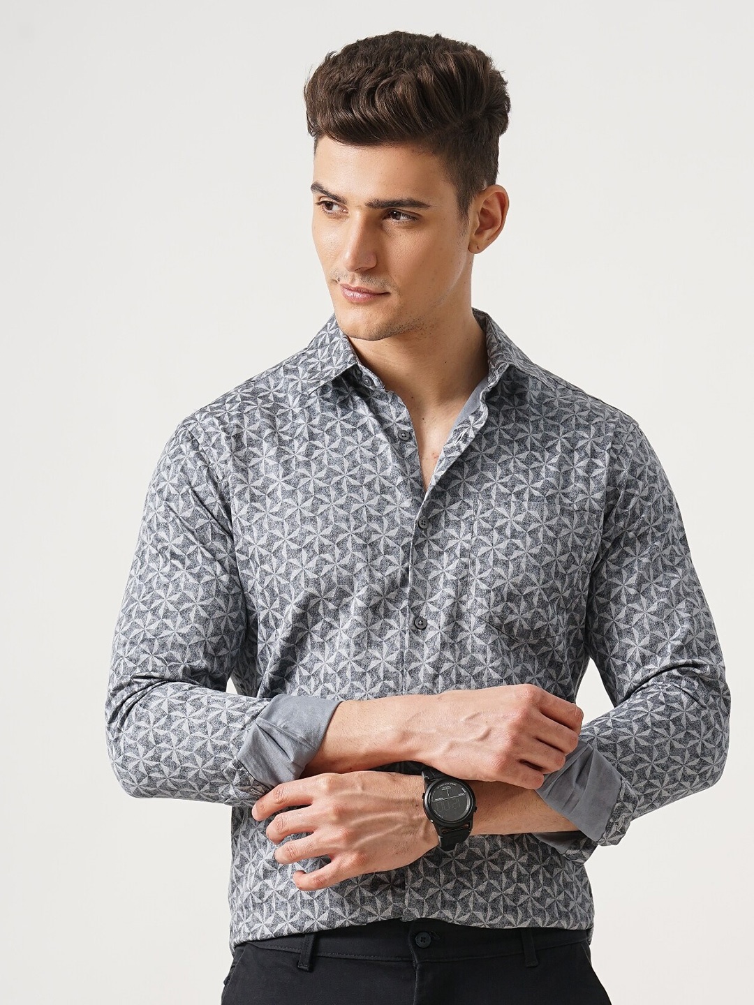 

British Club Classic Slim Fit Floral Printed Cotton Casual Shirt, Grey