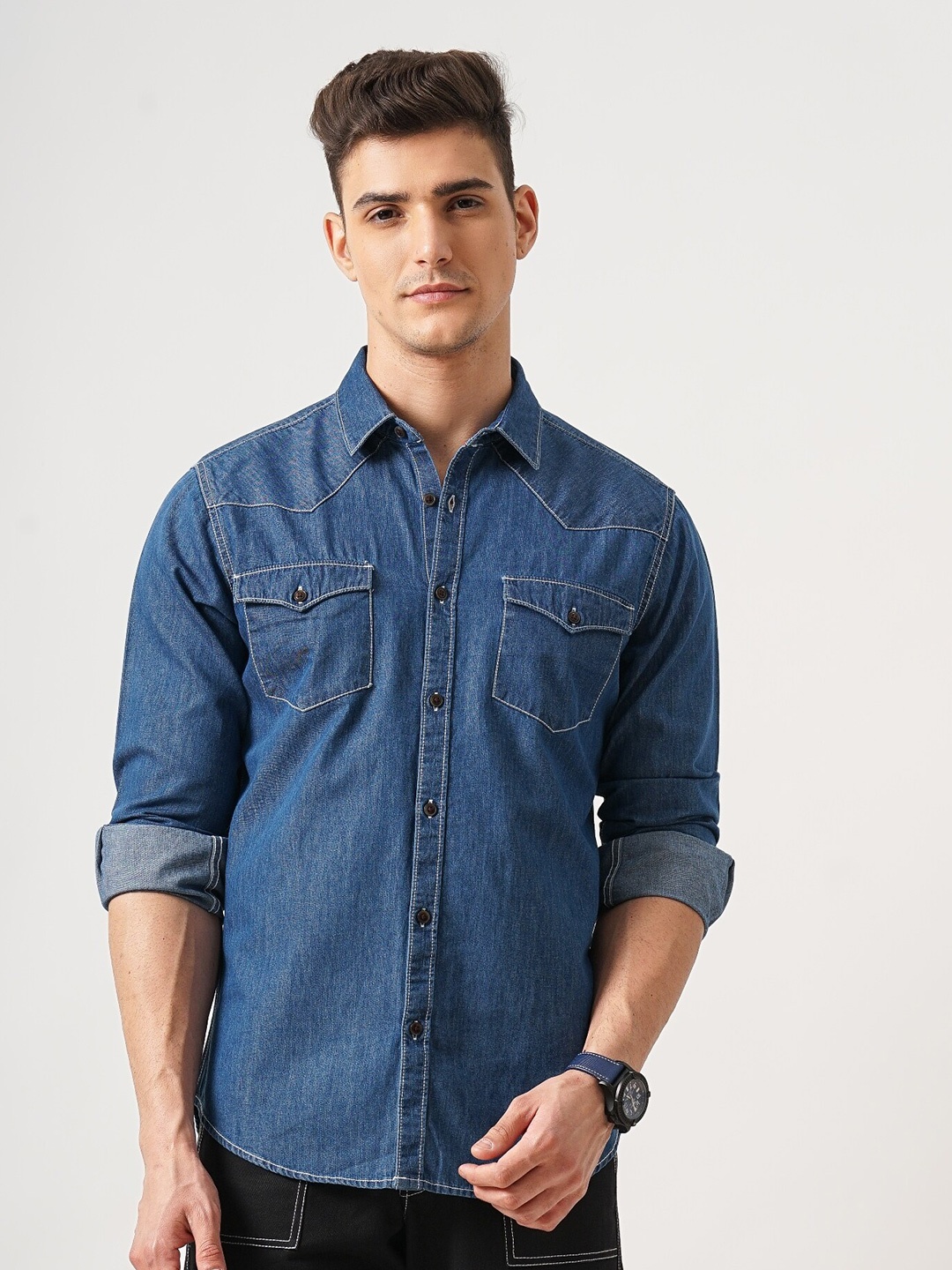 

British Club Classic Slim Fit Spread Collar Long Sleeves Denim Casual Shirt, Blue