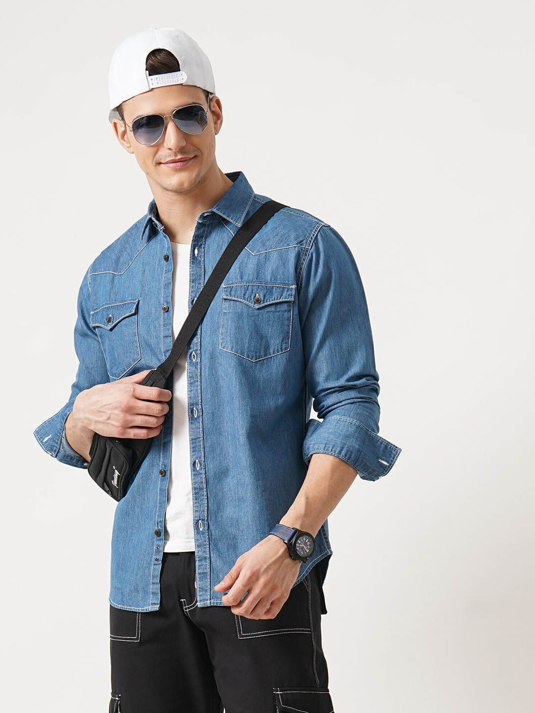 

British Club Slim Fit Spread Collar Long Sleeves Denim Casual Shirt, Blue